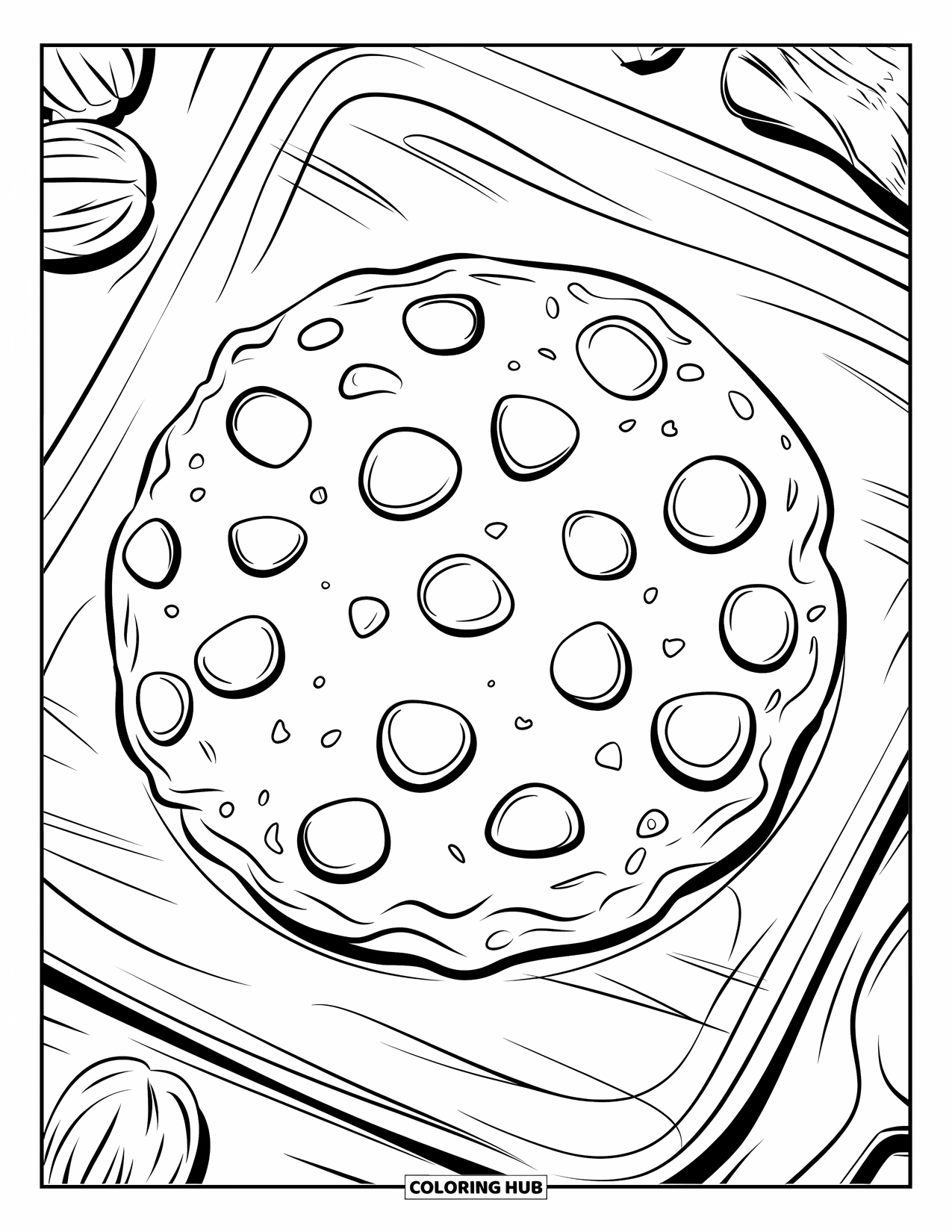 Kleurplaat Koekje voor Kinderen: Een reusachtig chocolate chip koekje op een houten plank, omringd door noten en een lepel