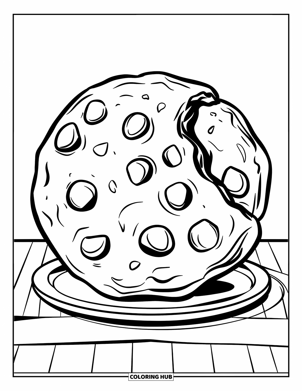 Kleurplaat Koekje voor Kinderen: Een reusachtig chocolate chip koekje met grote stukjes chocolade, geplaatst op een eenvoudig wit bord