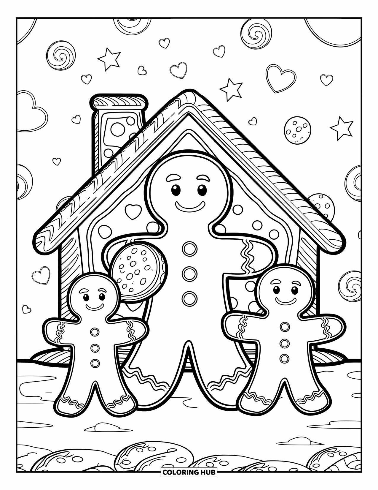 Kleurplaat Koekje voor Kinderen: Een peperkoekfamilie voor een koekjeshuis, met snoepjes en een koekjesschoorsteen