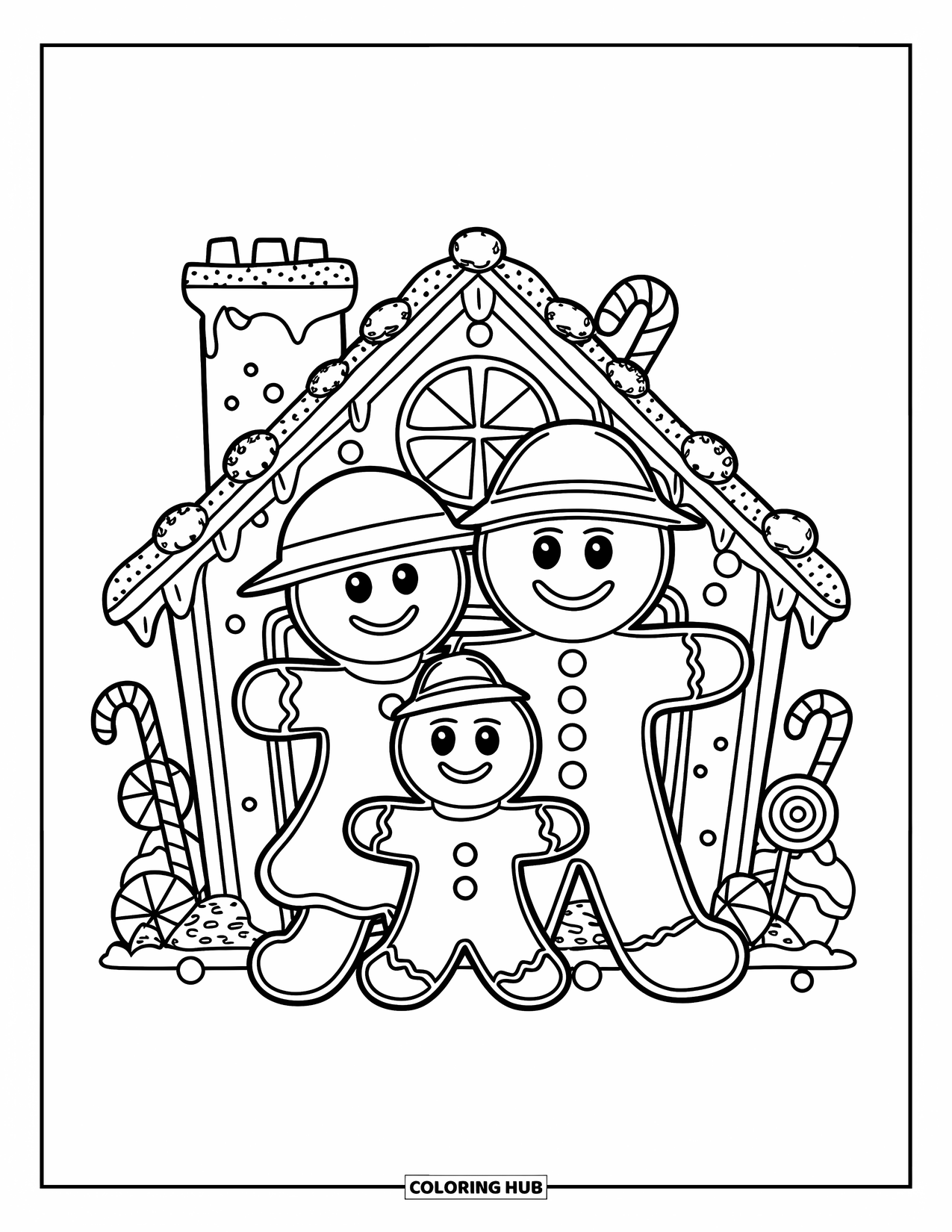 Kleurplaat Koekje voor Kinderen: Een peperkoekmannetjesfamilie voor een versierd koekjeshuis met snoepjes in een feestelijke stijl