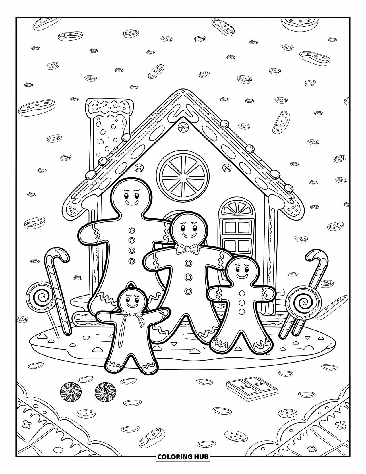 Kleurplaat Koekje voor Kinderen: Een peperkoekmannetjesfamilie met een koekjeshuis en snoepjes, in een veld van verkruimelde koekjes