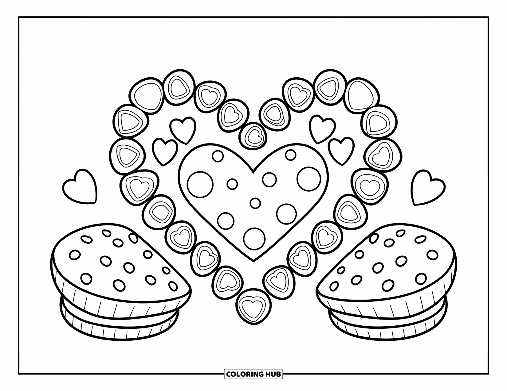 Kleurplaat Koekje voor Kinderen: Een hartvormig koekjesarrangement met snoepjes en koekjes in een grillig ontwerp