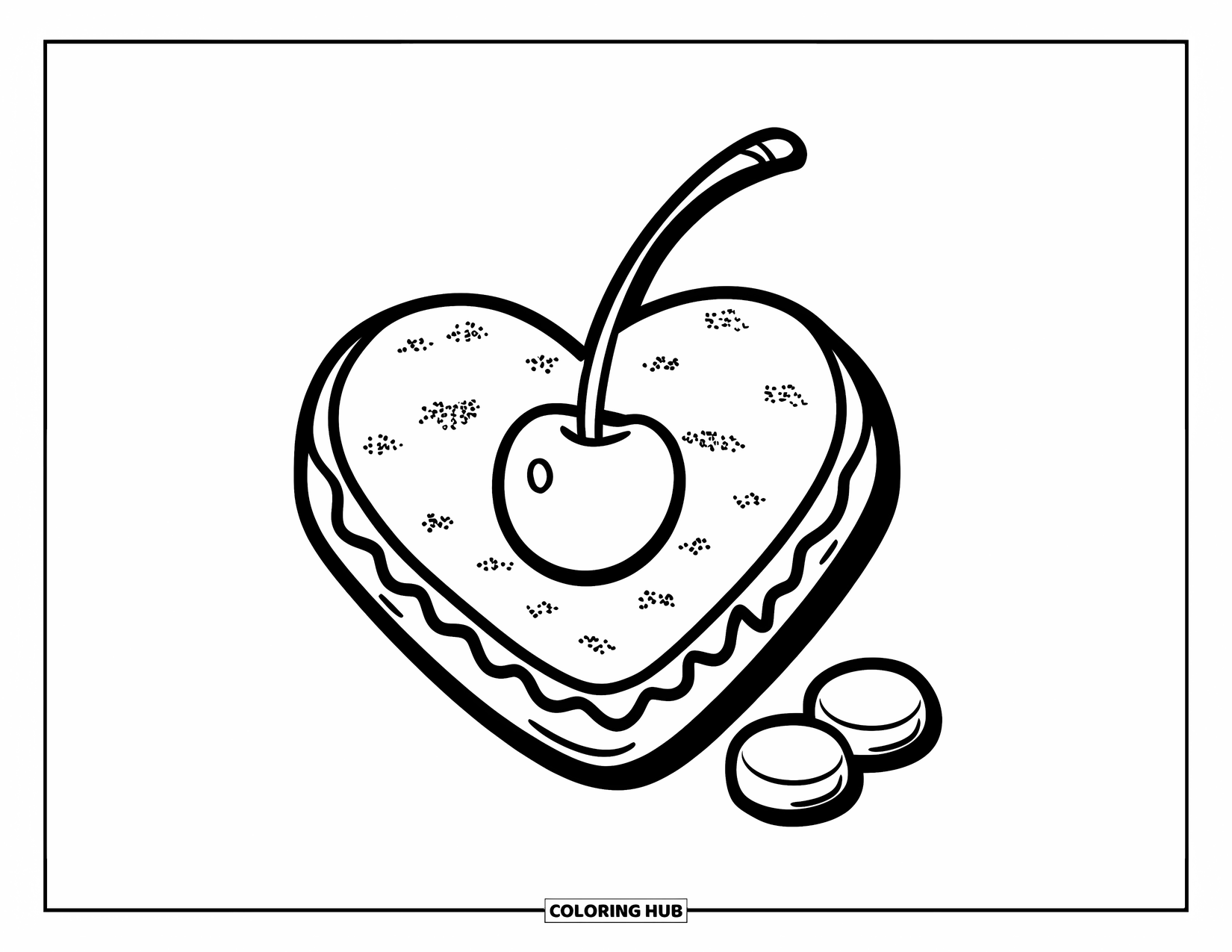 Kleurplaat Koekje voor Kinderen: Een hartvormig koekje gegarneerd met een kers en chocolate chips, lief en eenvoudig