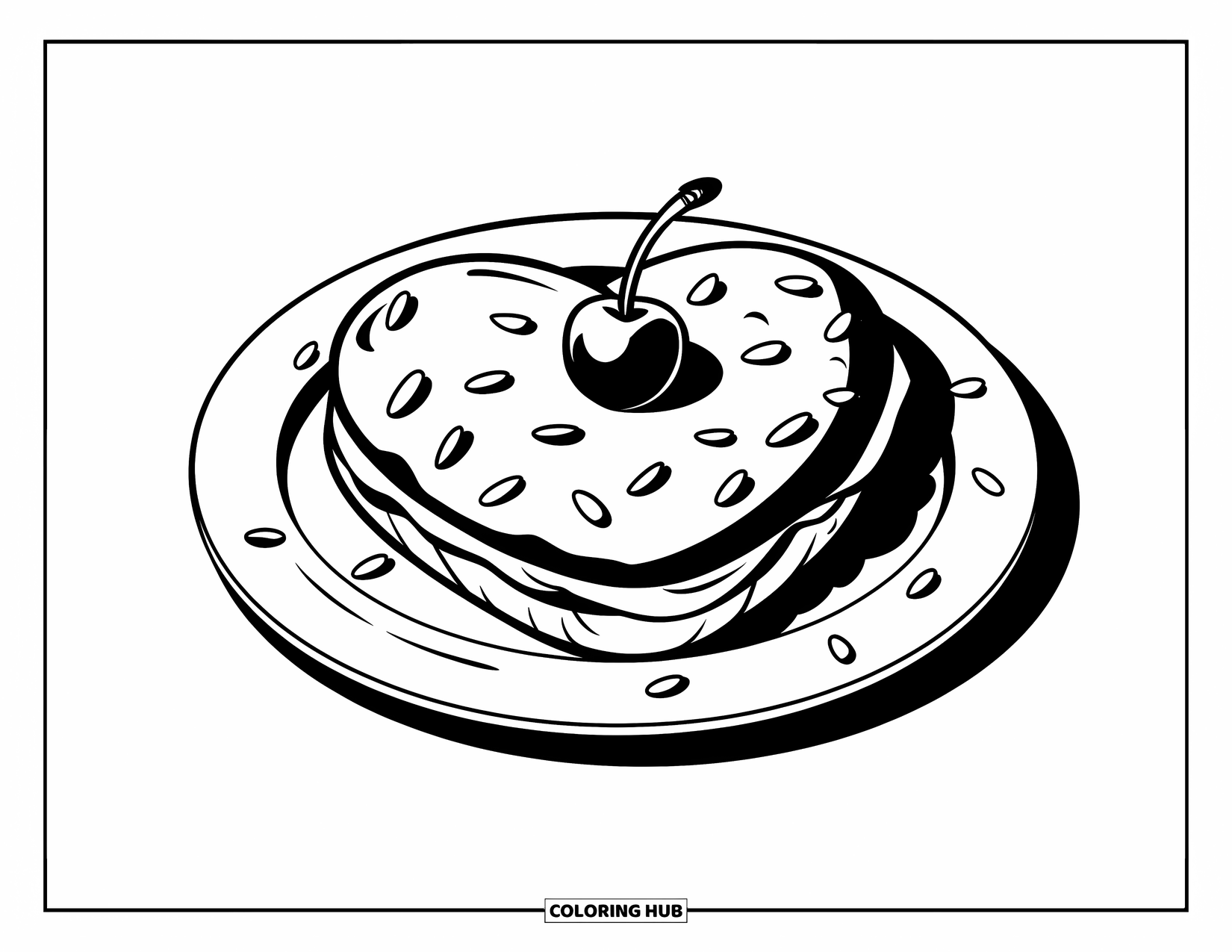 Kleurplaat Koekje voor Kinderen: Een hartvormig koekje met een kers erop en hagelslag, allemaal op een wit bord