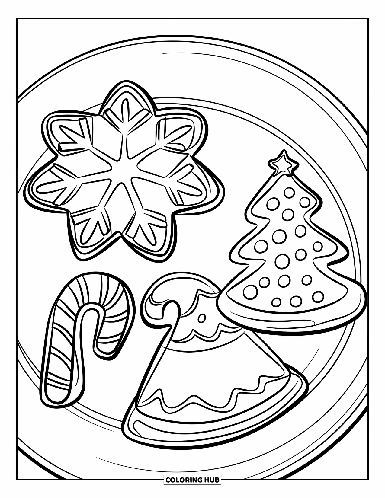 Kleurplaat Koekje voor Kinderen: Een vakantiethema koekjesset met sneeuwvlok-, boom- en zuurstokvormige koekjes op een bord