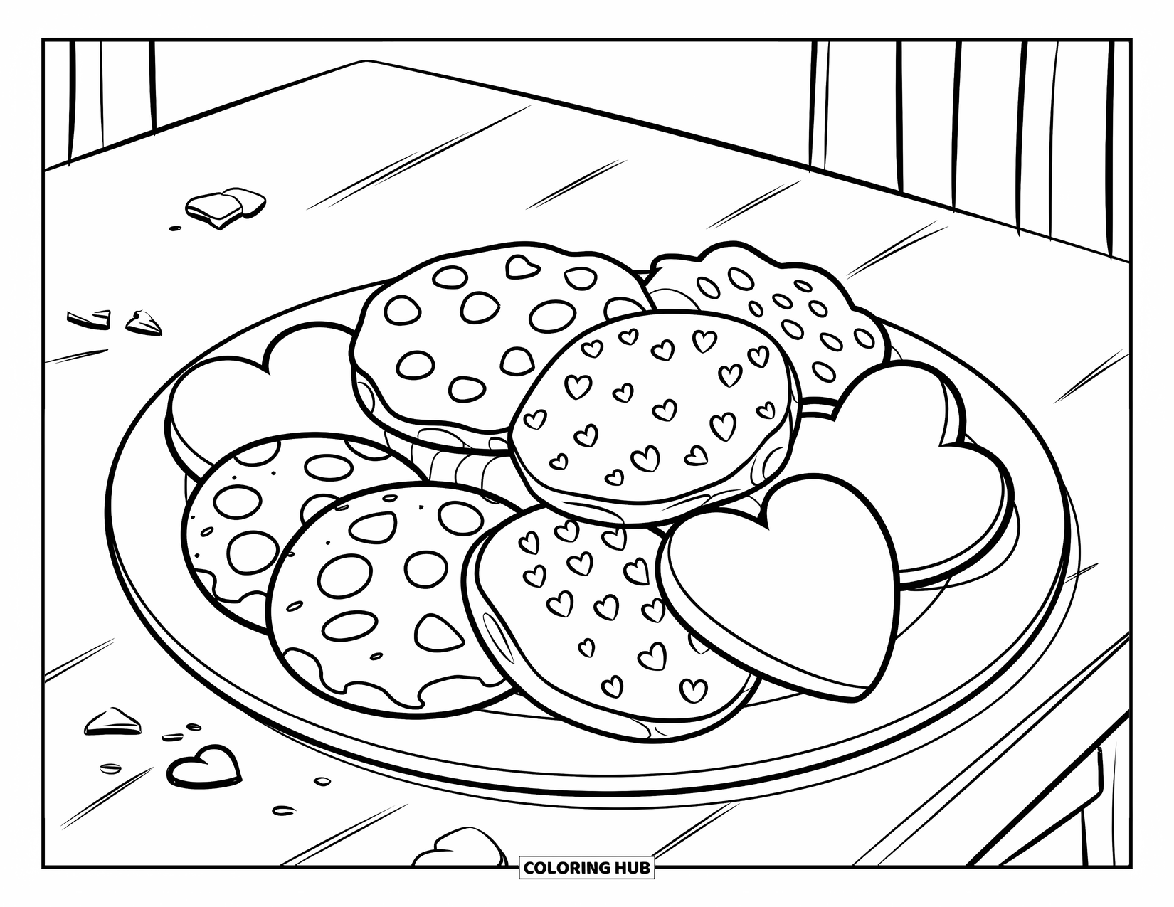 Kleurplaat Koekje voor Kinderen: Een bord met chocolate chip, havermout en hartvormige koekjes op een tafel met kruimels