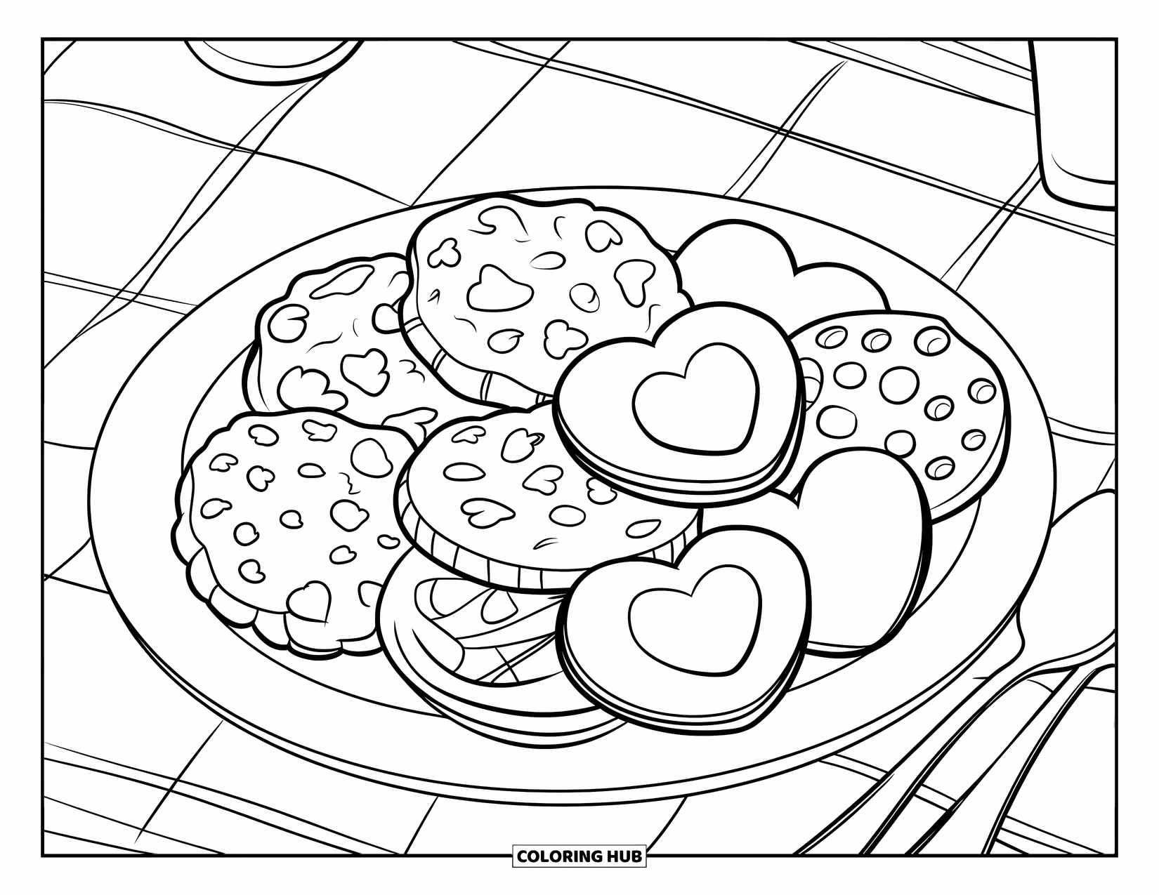 Kleurplaat Koekje voor Kinderen: Een bord met gemengde koekjes op een geruite tafel met een vork, lepel en een eenvoudige achtergrond