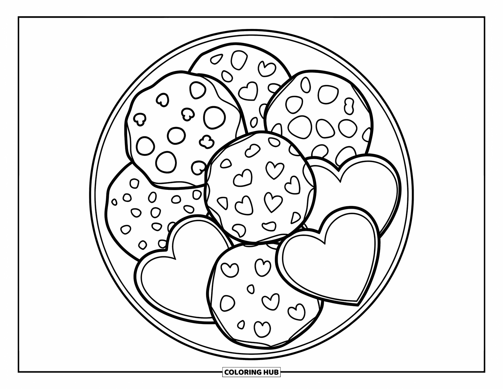Kleurplaat Koekje voor Kinderen: Een bord met chocolate chip, havermout en hartvormige koekjes, tegen een witte achtergrond