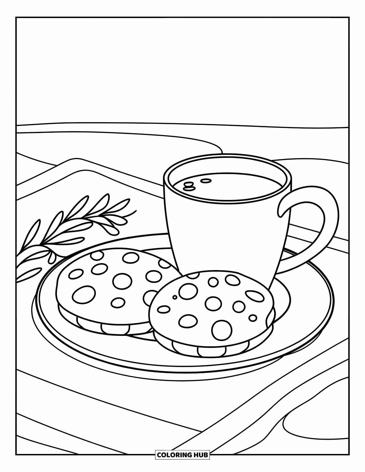 Kleurplaat Koekje voor Kinderen: Een bord met koekjes en melk, vergezeld van takjes groen voor een gezellige sfeer