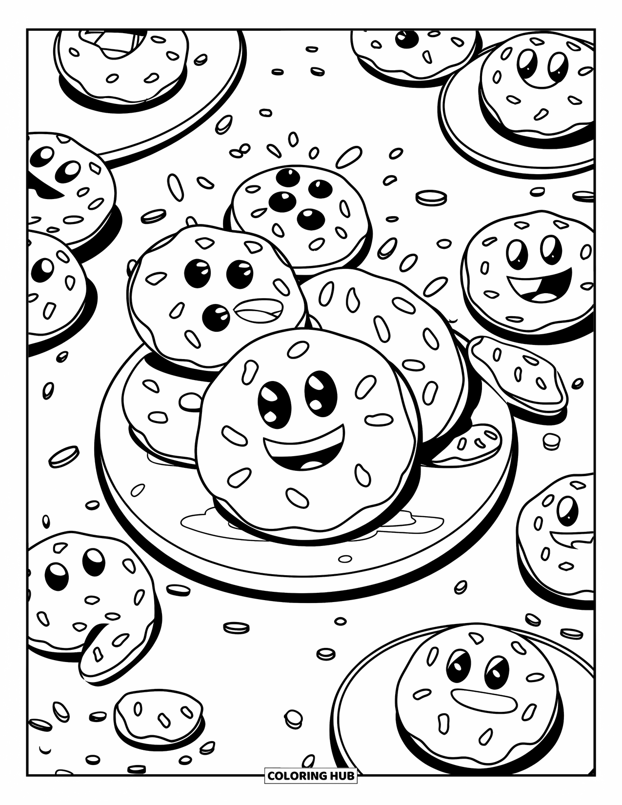 Kleurplaat Koekje voor Kinderen: Een speelse koekjesgevechtscène met koekjes die hagelslag gooien, op een bord met kruimels