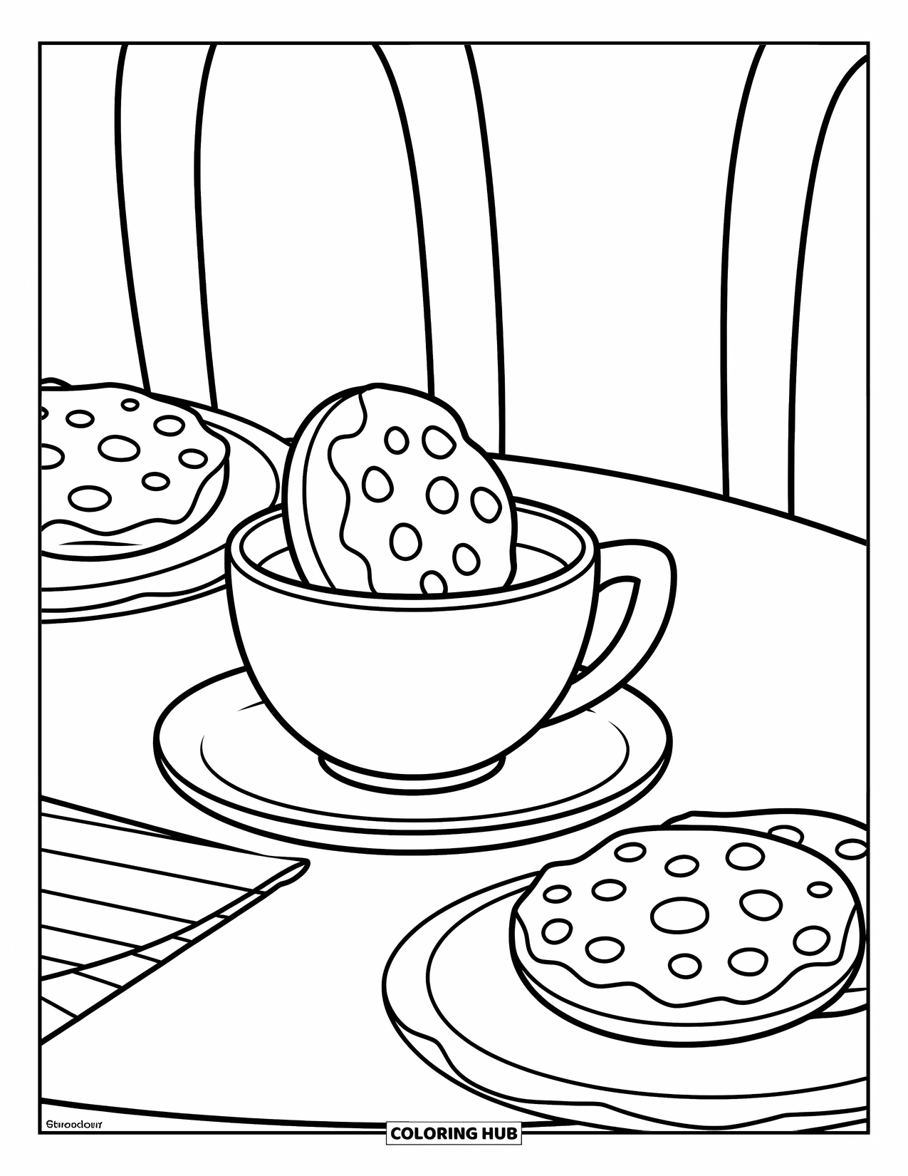 Kleurplaat Koekje voor Kinderen: Een eenvoudige koekjescafétafel met een koffiekop, koekjes en een servet op een strakke achtergrond