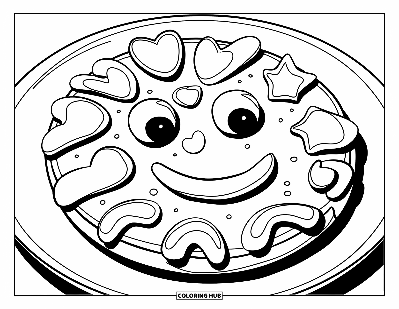 Kleurplaat Koekje voor Kinderen: Een smiley-vormig koekje met glazuurdruppels in leuke vormen, perfect voor jonge kinderen