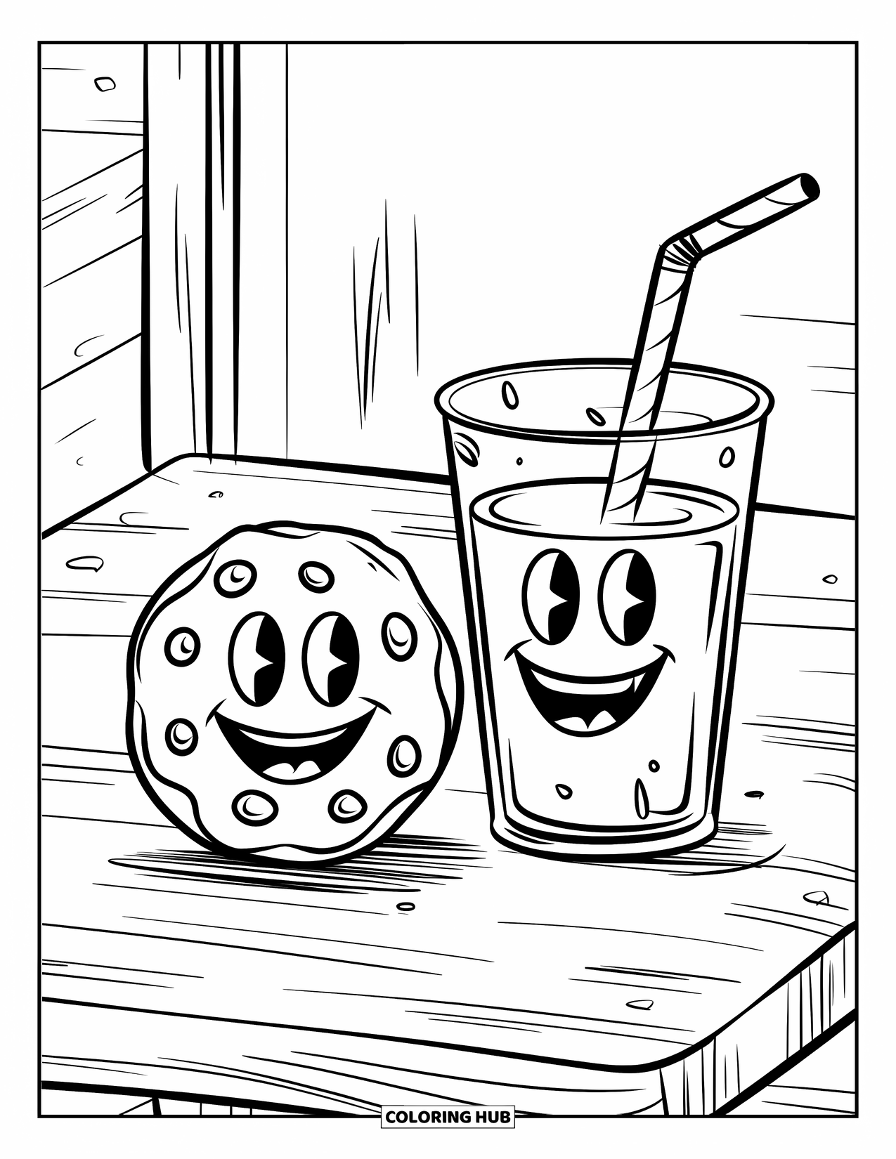 Kleurplaat Koekje voor Kinderen: Een lachend koekje- en melkduo met leuke gezichtsuitdrukkingen, geplaatst op een houten tafel