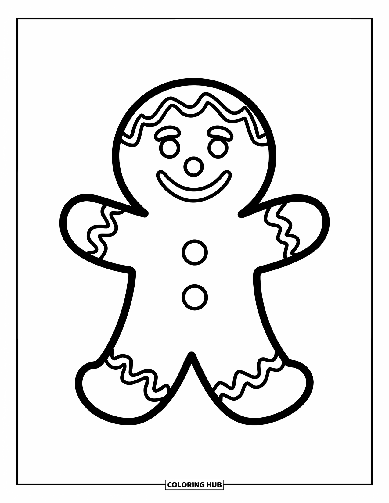 Kleurplaat Koekje voor Kinderen: Een lachend peperkoekkoekje met armen en benen, versierd met eenvoudig glazuur