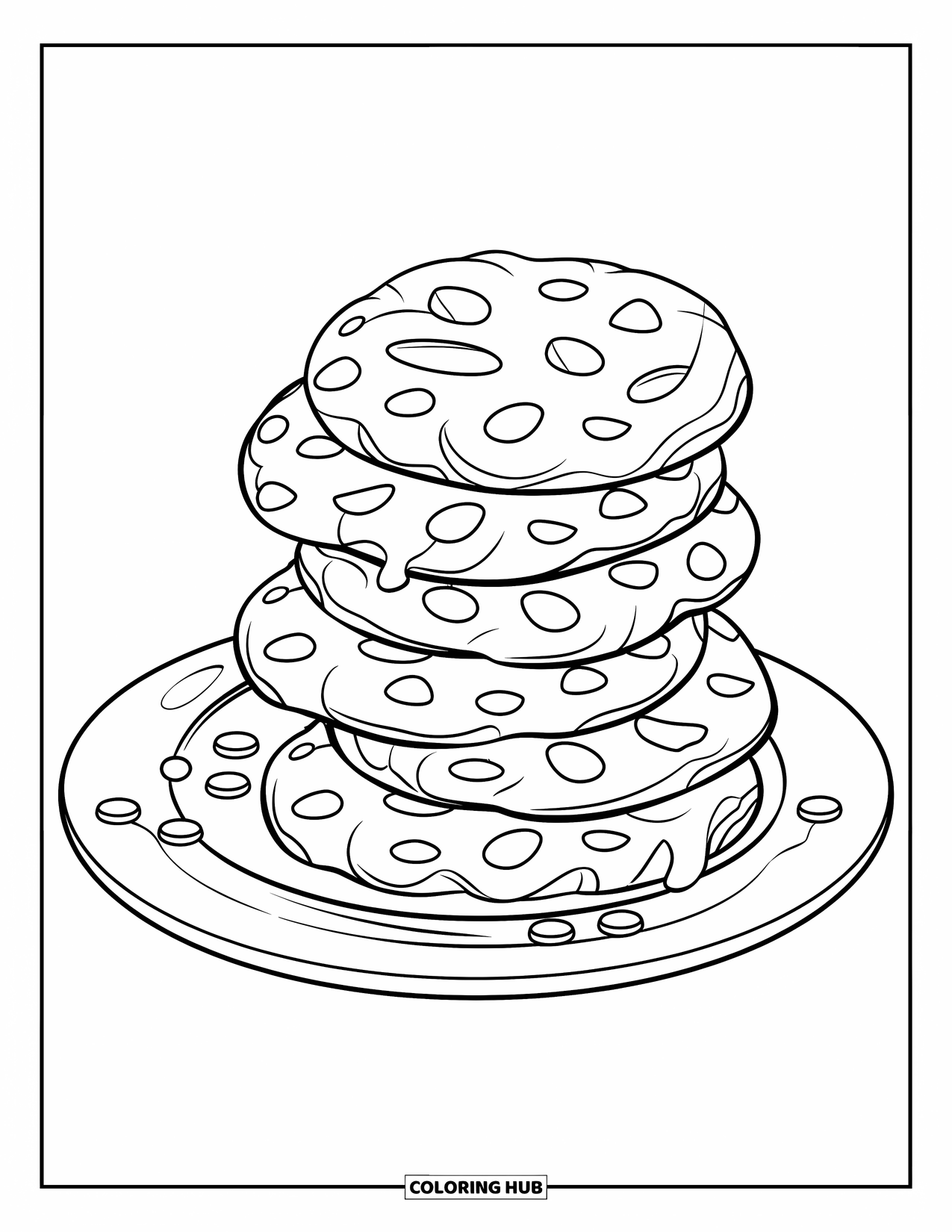 Kleurplaat Koekje voor Kinderen: Een stapel chocolate chip koekjes op een wit bord met gesmolten stukjes chocolade en gouden randen