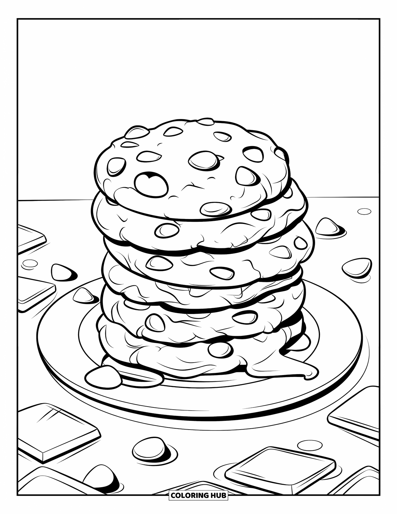 Kleurplaat Koekje voor Kinderen: Een stapel chocolate chip koekjes met gesmolten stukjes chocolade op een wit bord, met verspreide stukjes
