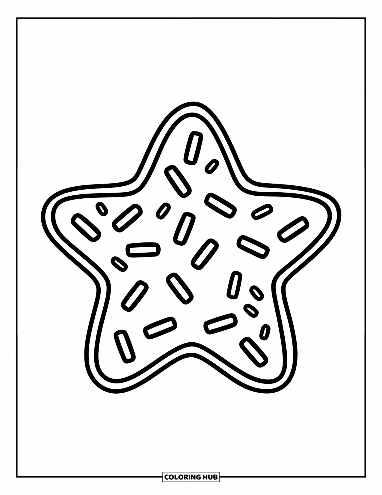 Kleurplaat Koekje voor Kinderen: Een stervormig koekje versierd met regenboogkleurige hagelslag, eenvoudig en vrolijk