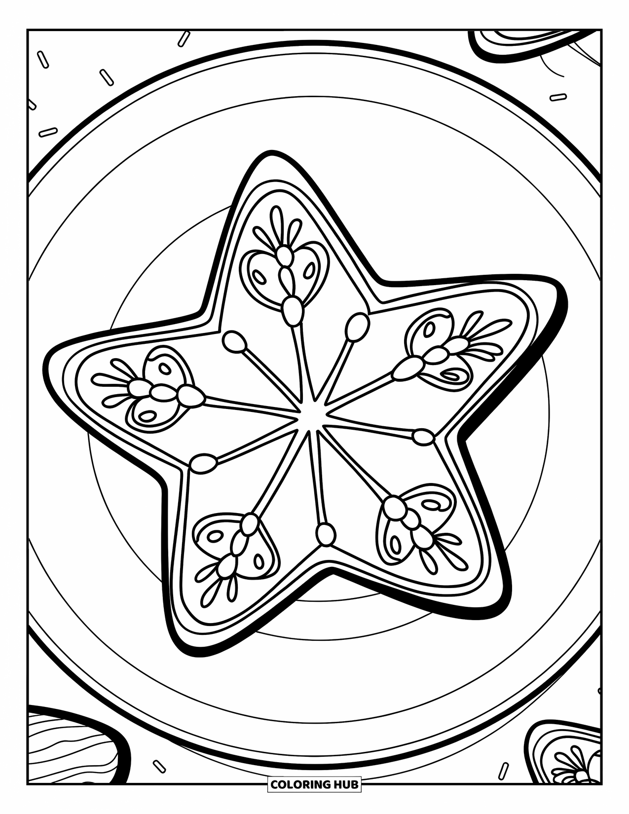 Kleurplaat Koekje voor Kinderen: Een stervormig suikerkoekje met gedetailleerde glazuurpatronen en hagelslag erop
