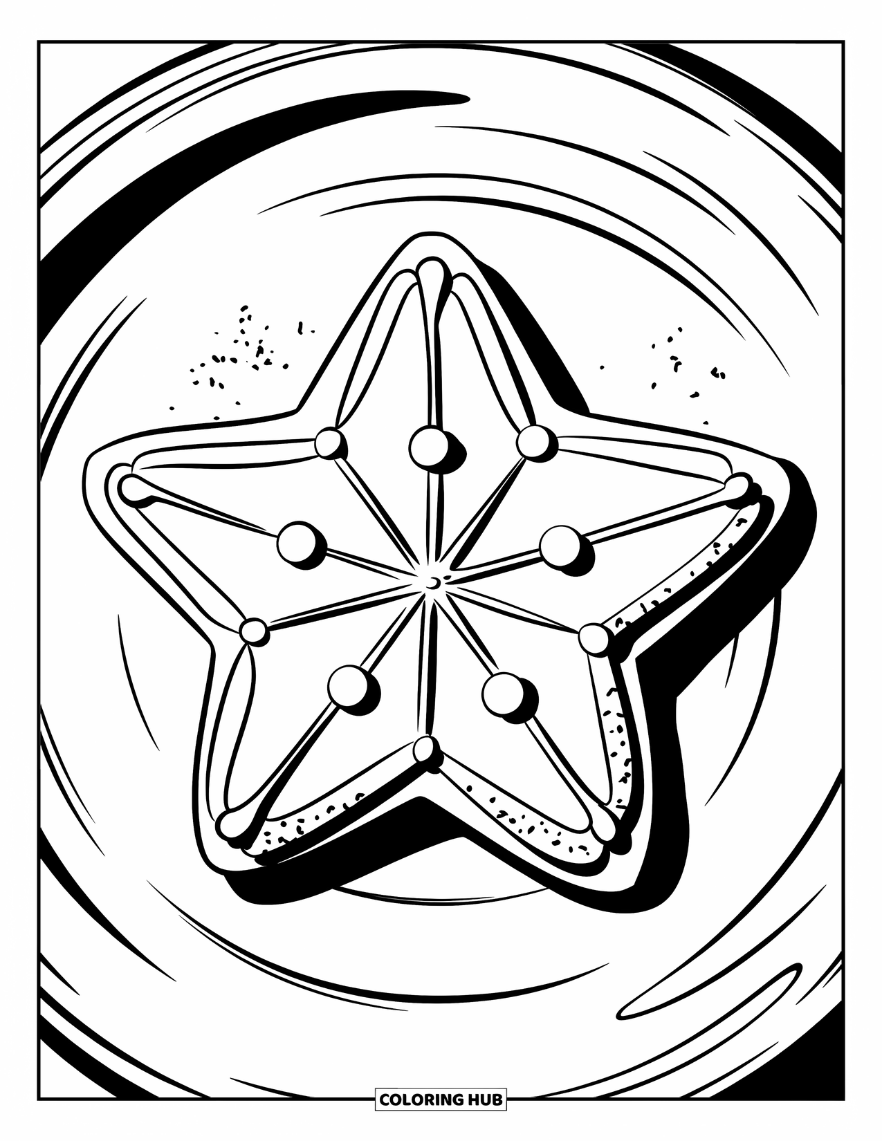 Kleurplaat Koekje voor Kinderen: Een stervormig suikerkoekje met glazuur en poedersuiker, geplaatst op een wit bord