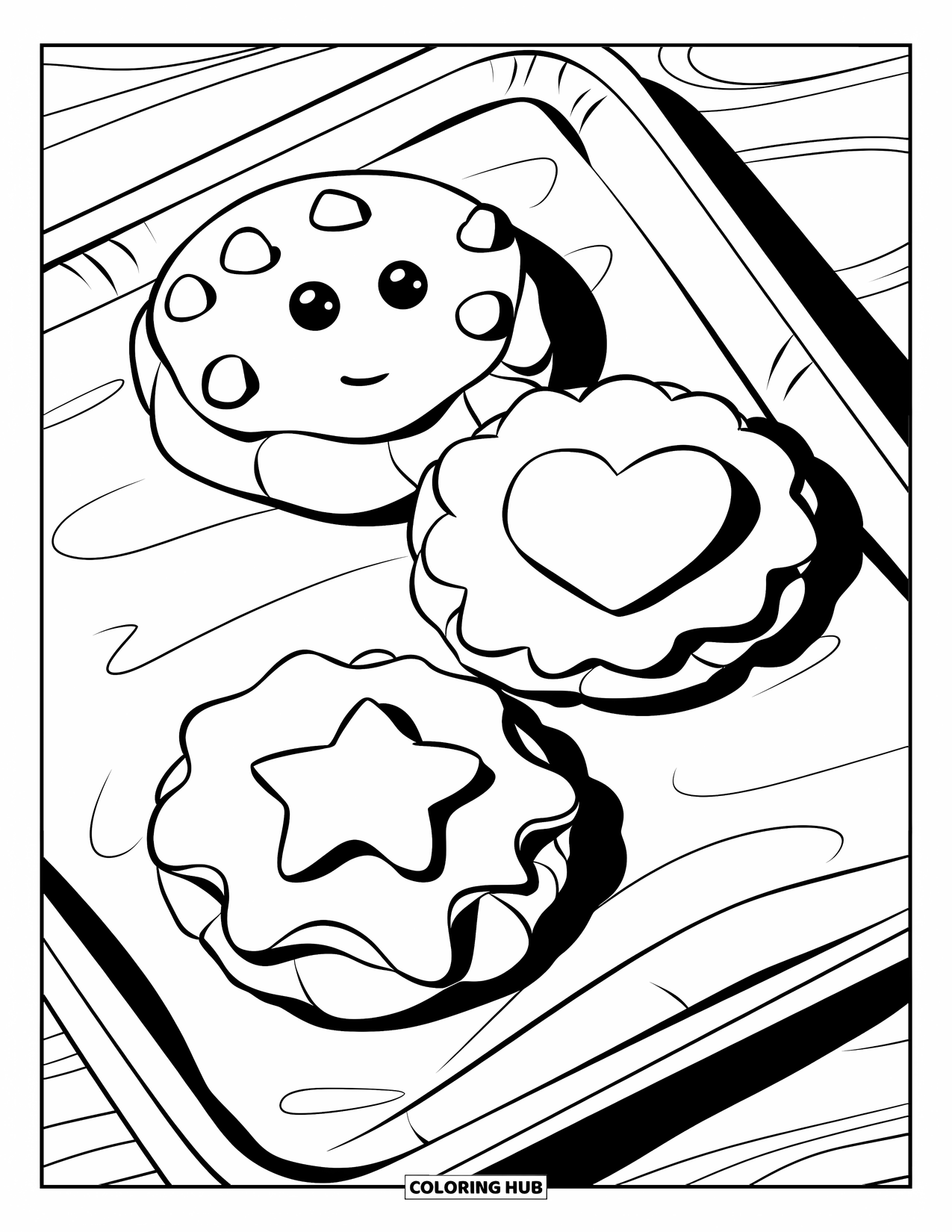 Kleurplaat Koekje voor Kinderen: Een dienblad met drie koekjes, elk met zijn eigen speelse ontwerp en schattige gezichtjes