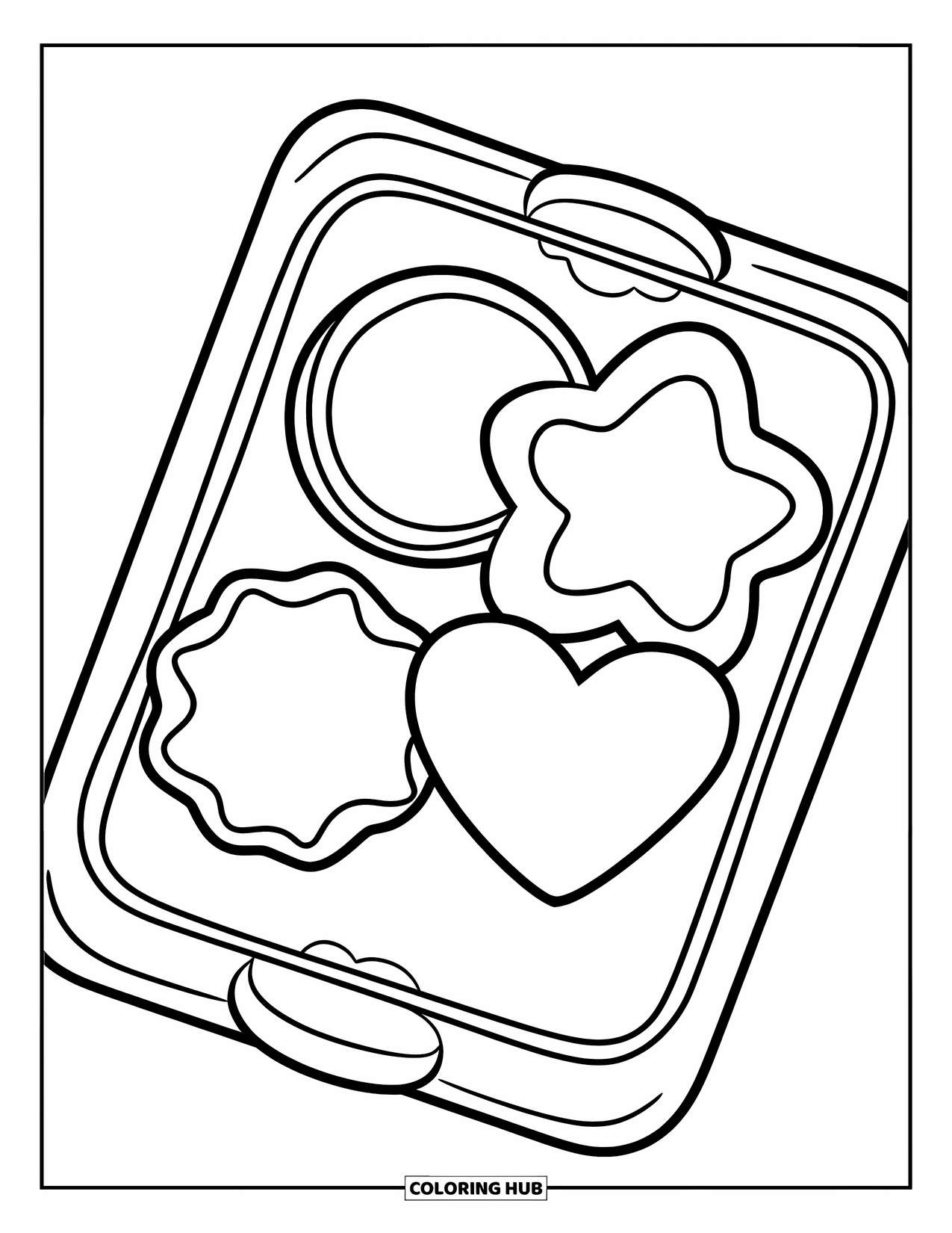 Kleurplaat Koekje voor Kinderen: Een dienblad met drie koekjes van verschillende vormen, elk met zijn eigen leuke charme