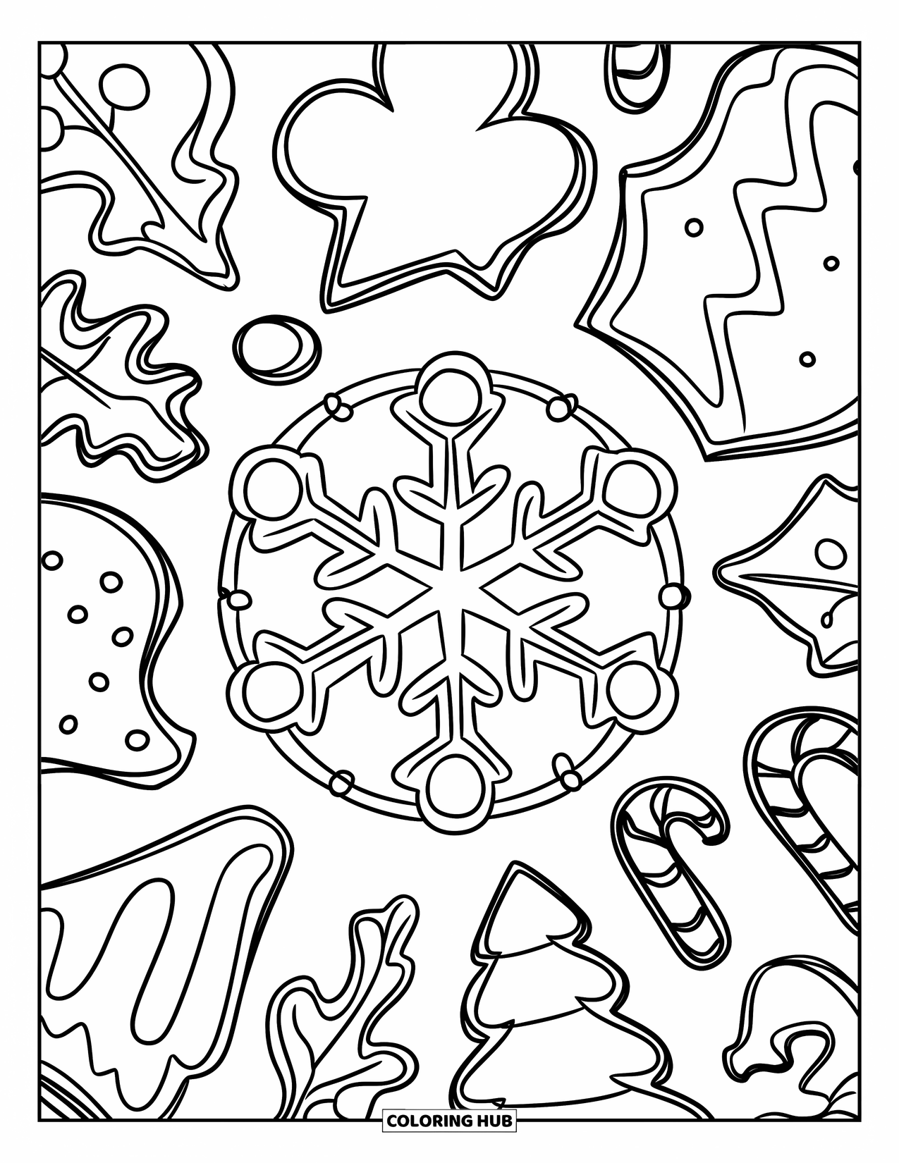 Kleurplaat Koekje voor Kinderen: Vakantiekoekjesset met sneeuwvlok-, boom- en zuurstokvormen, gerangschikt in een cirkel