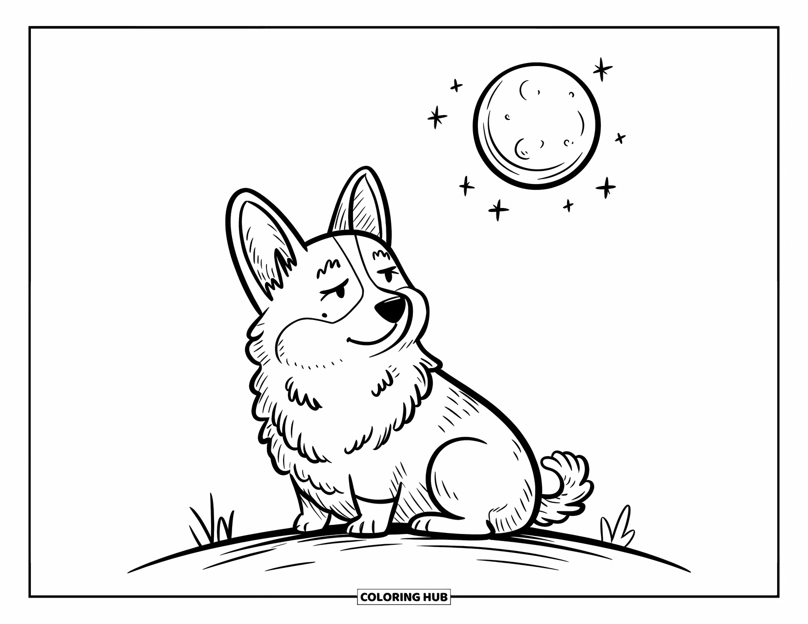 Desen de colorat cu Corgi pentru adulți: Un corgi își încolăcește coada în jurul său, privind luna pe un cer senin de noapte