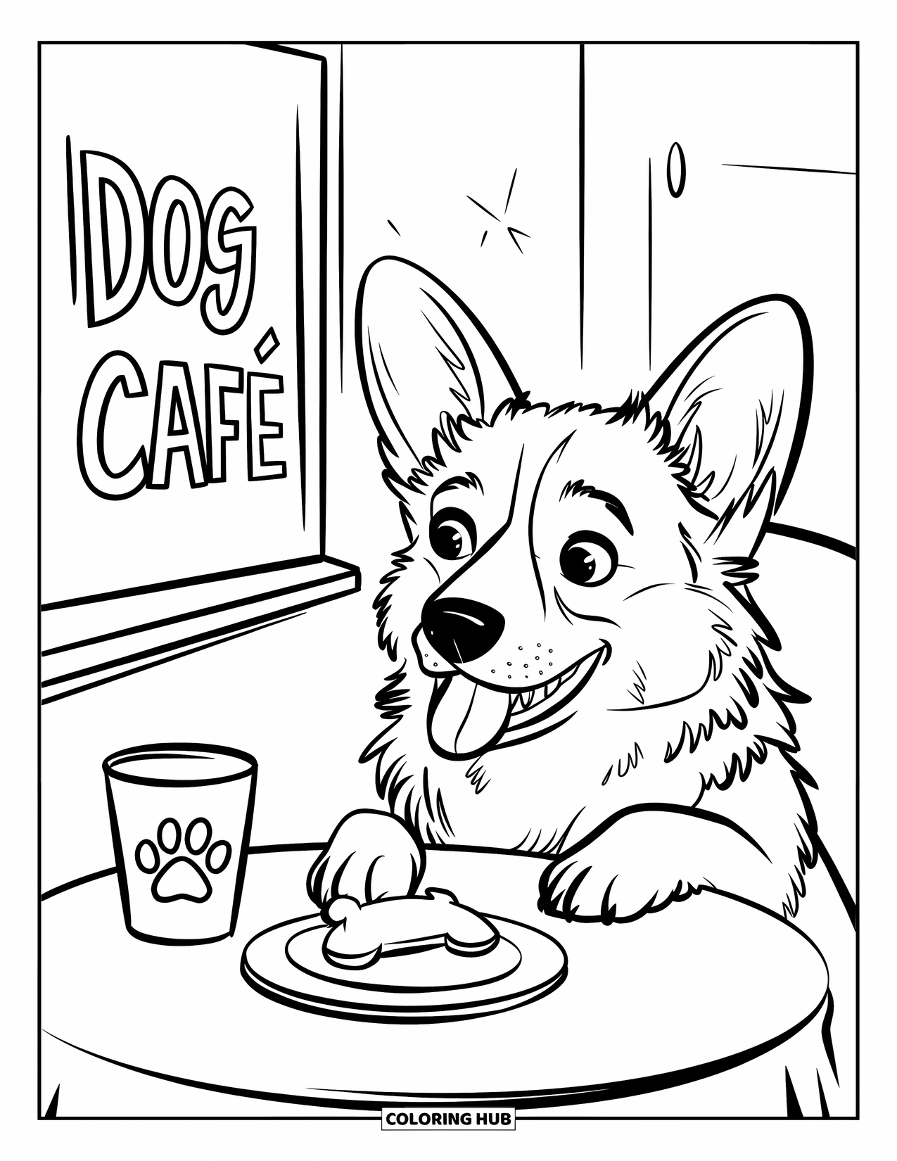 Desen de colorat cu Corgi pentru adulți: Un corgi ia masa la o cafenea pentru câini, uitându-se fericit la o gustare pe o farfurie