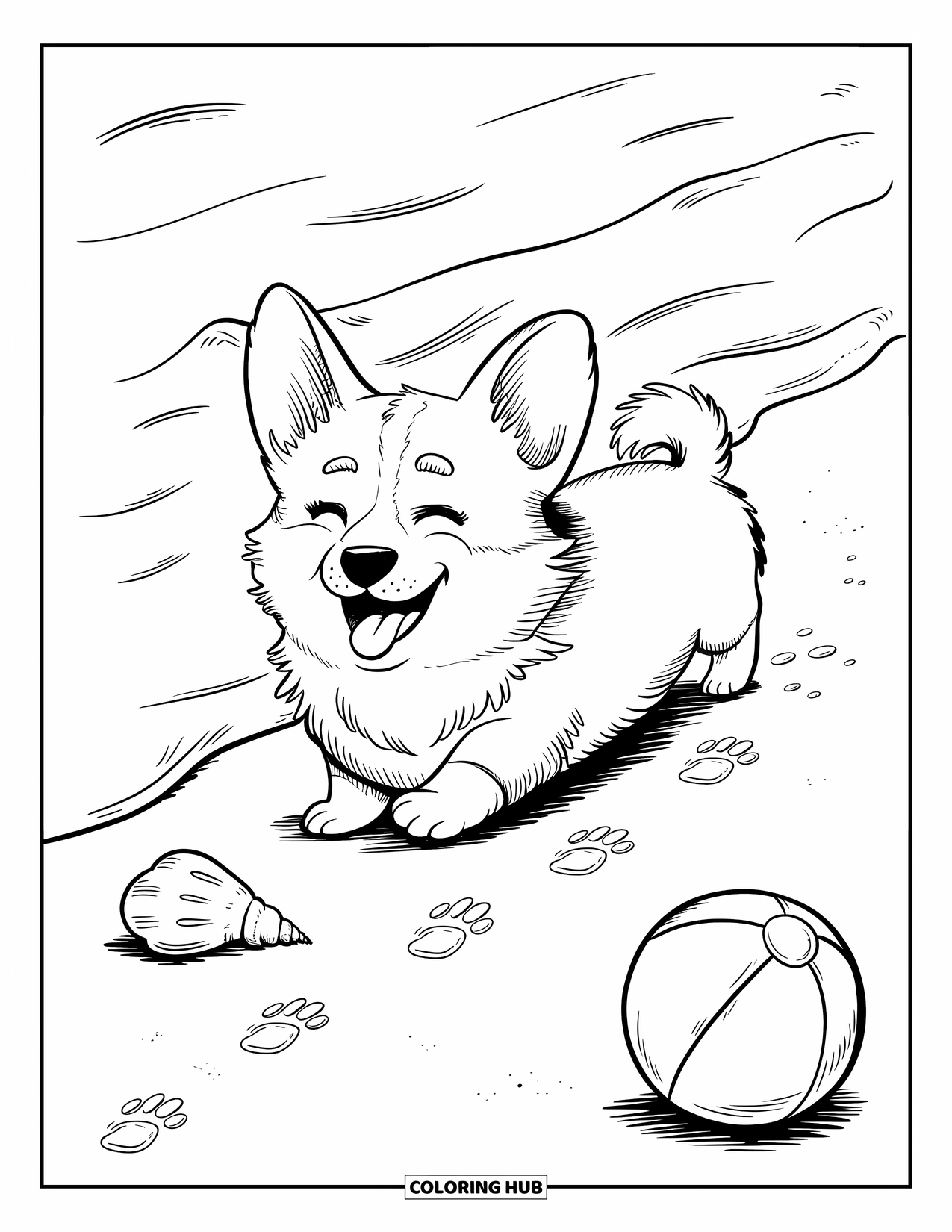 Desen de colorat cu Corgi pentru adulți: Un corgi aleargă jucăuș pe nisip, cu o scoică și o minge de plajă în apropiere