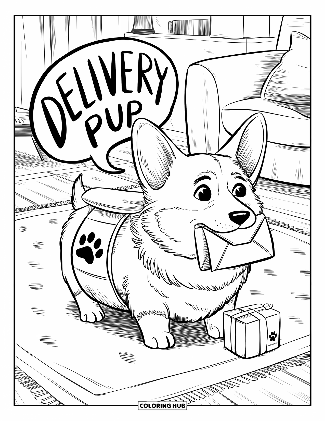 Desen de colorat cu Corgi pentru adulți: Un corgi, pregătit pentru livrare, cară un plic cu un pachet așezat la lăbuțele sale