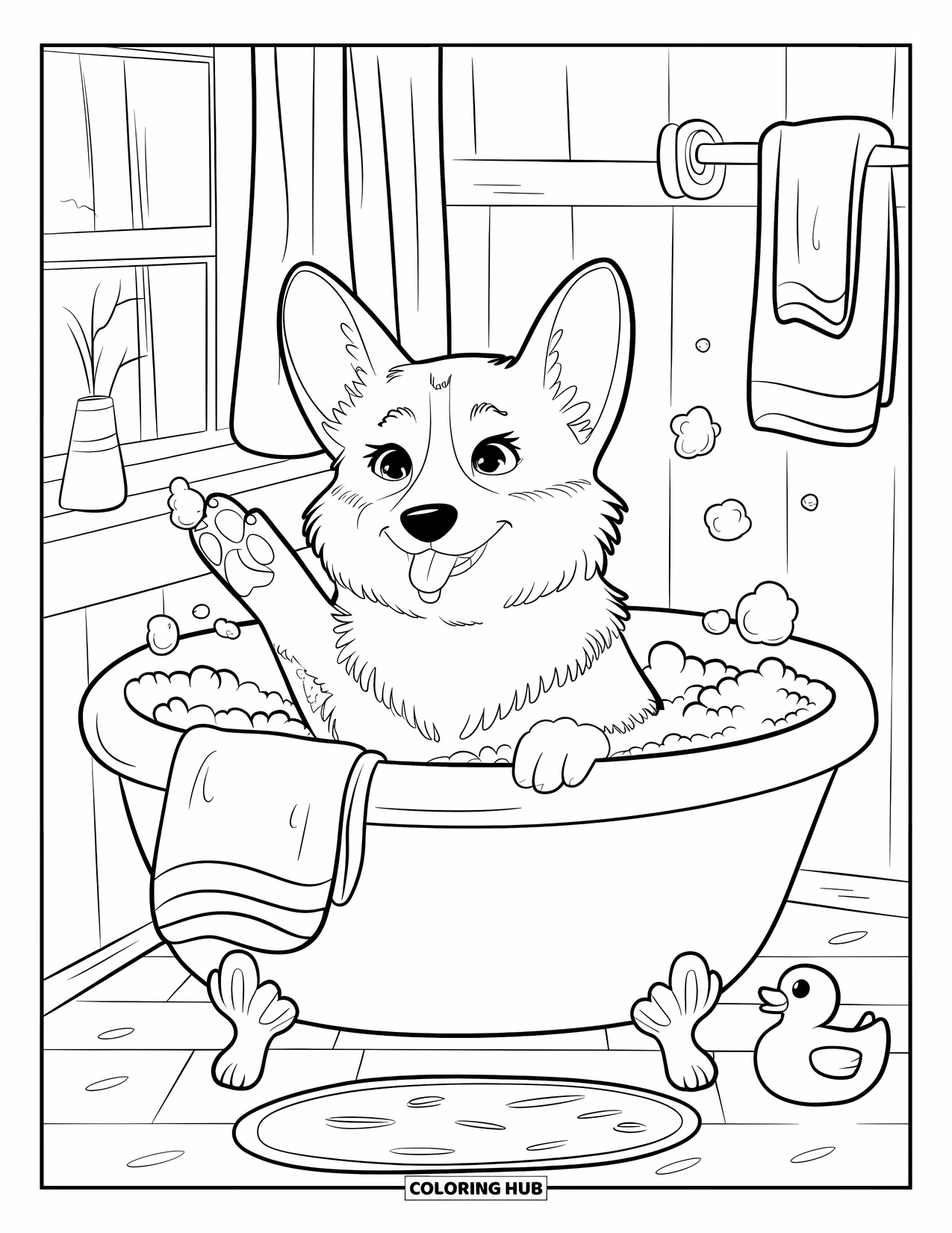 Desen de colorat cu Corgi pentru adulți: Un corgi se relaxează într-o baie caldă, întinzându-se după o bulă, în timp ce un prosop atârnă în apropiere