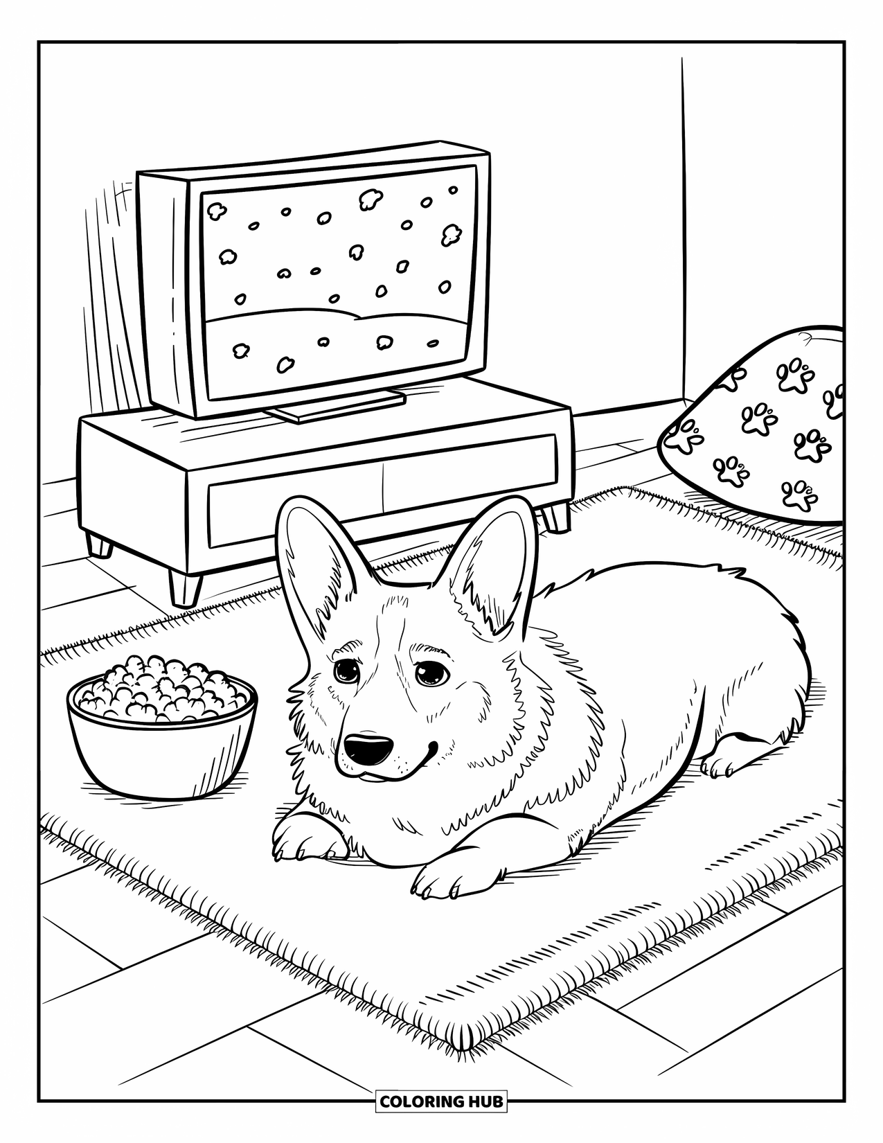 Desen de colorat cu Corgi pentru adulți: Un corgi se odihnește pe un covor moale, uitându-se la un ecran TV acoperit de zăpadă, cu o gustare în apropiere