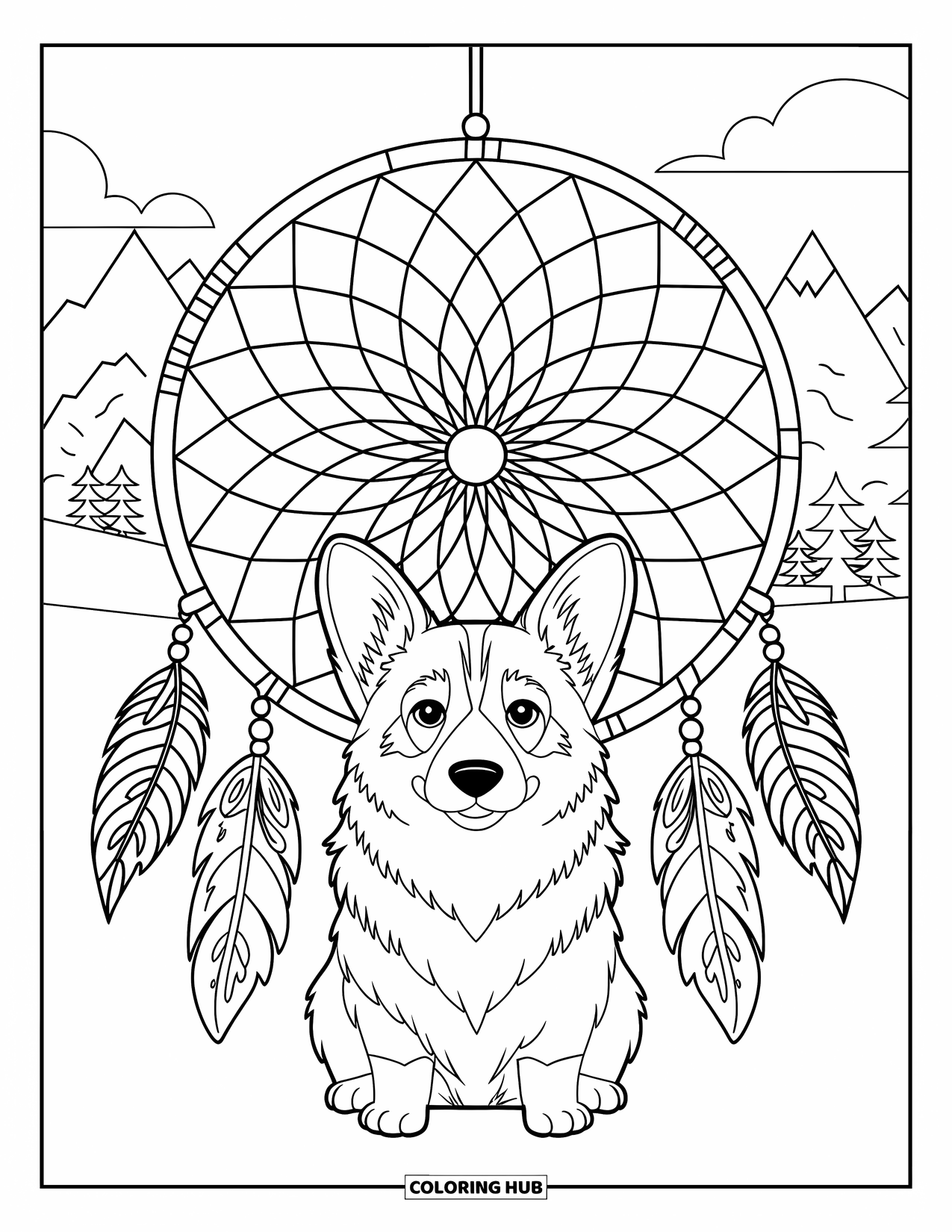 Desen de colorat cu Corgi pentru adulți: Un corgi stă în fața unui prinzător de vise complex, așezat pe un fundal de peisaj montan cu copaci
