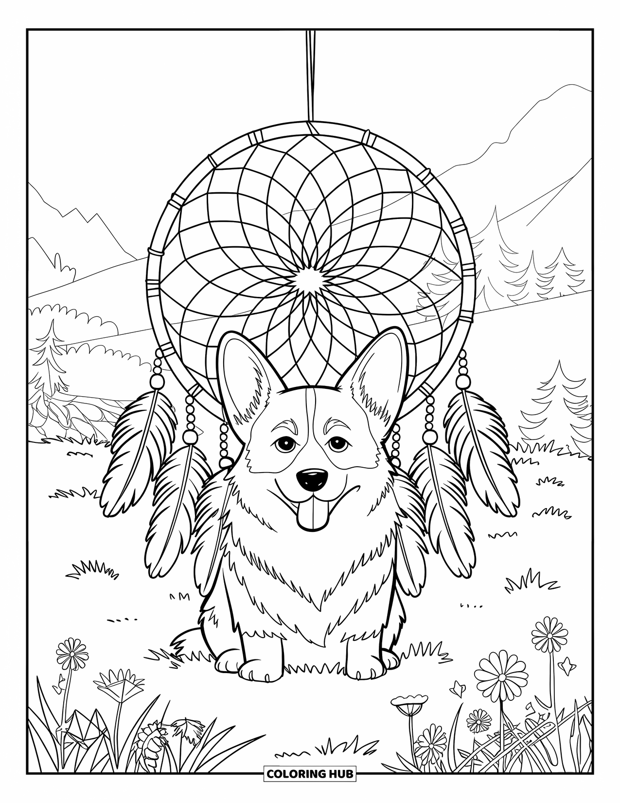 Desen de colorat cu Corgi pentru adulți: Un corgi stă într-un câmp cu iarbă și flori sălbatice, cu un prinzător de vise atârnat de un cadru de lemn