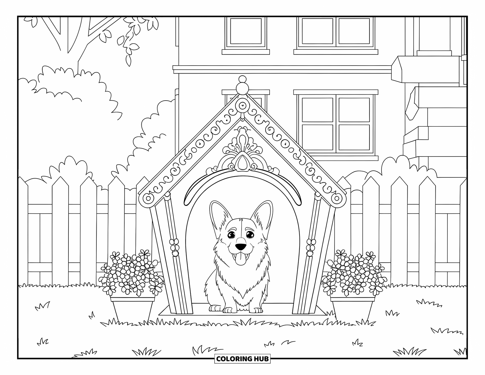 Desen de colorat cu Corgi pentru adulți: Un corgi stă într-o cușcă victoriană, flancat de ghivece cu flori și un gard alb