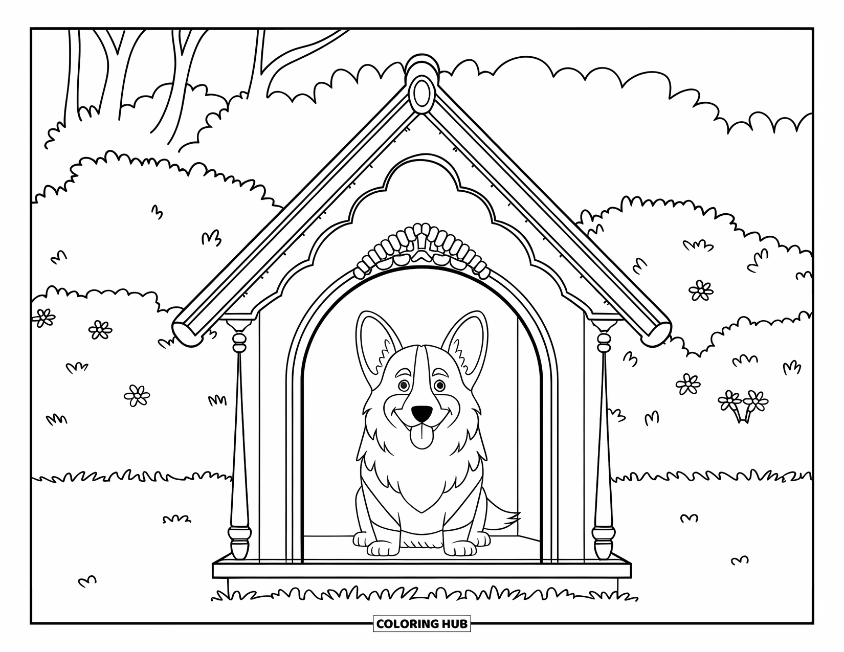 Desen de colorat cu Corgi pentru adulți: Un corgi stă într-o cușcă victoriană ornamentată pe un gazon cu flori în apropiere