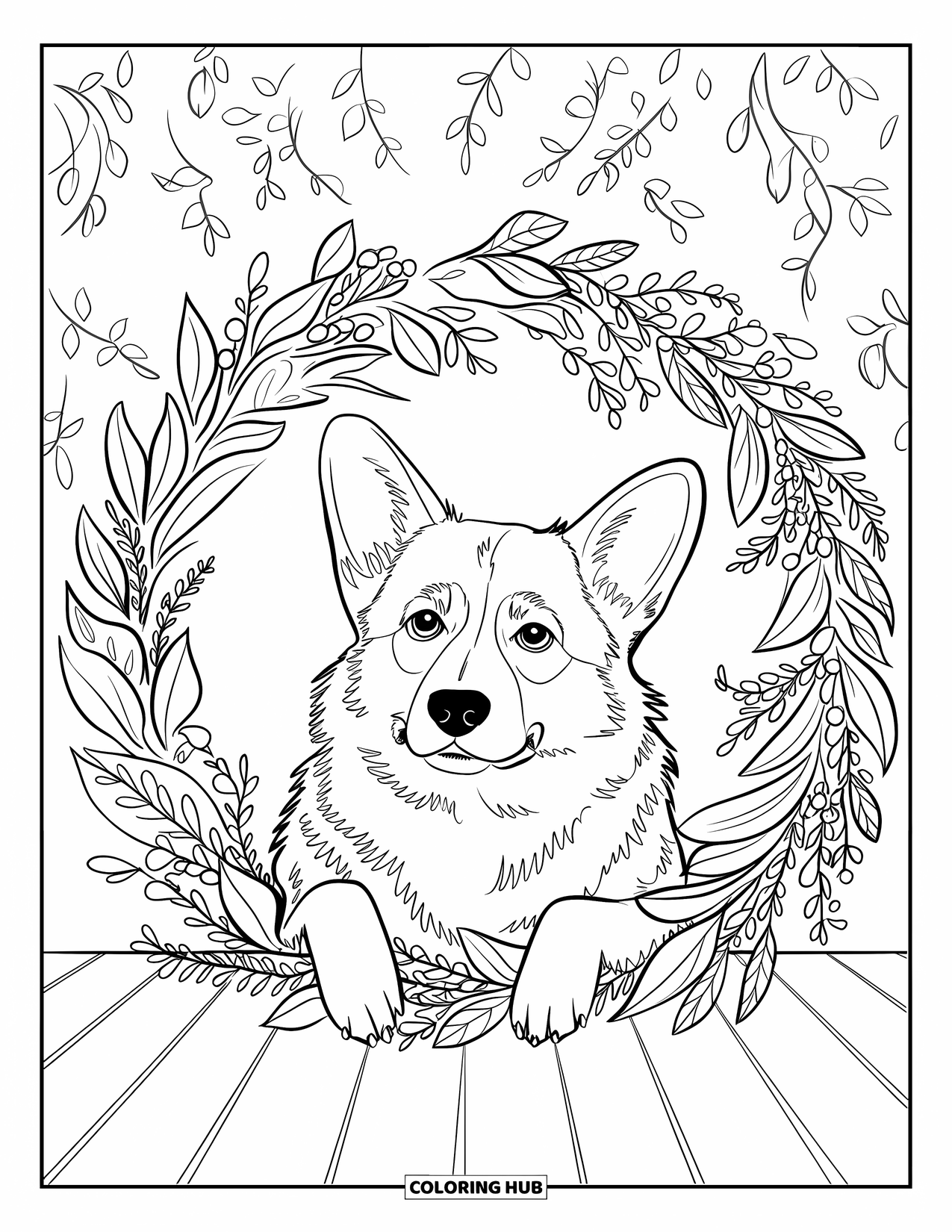 Desen de colorat cu Corgi pentru adulți: Un corgi stă într-o coroană florală elaborată pe o suprafață de lemn, înconjurat de verdeață