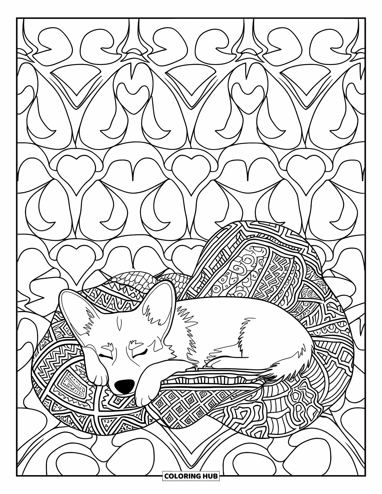 Desen de colorat cu Corgi pentru adulți: Un corgi doarme într-un colț moale, înconjurat de pături tricotate cu inimioare, stele și luni