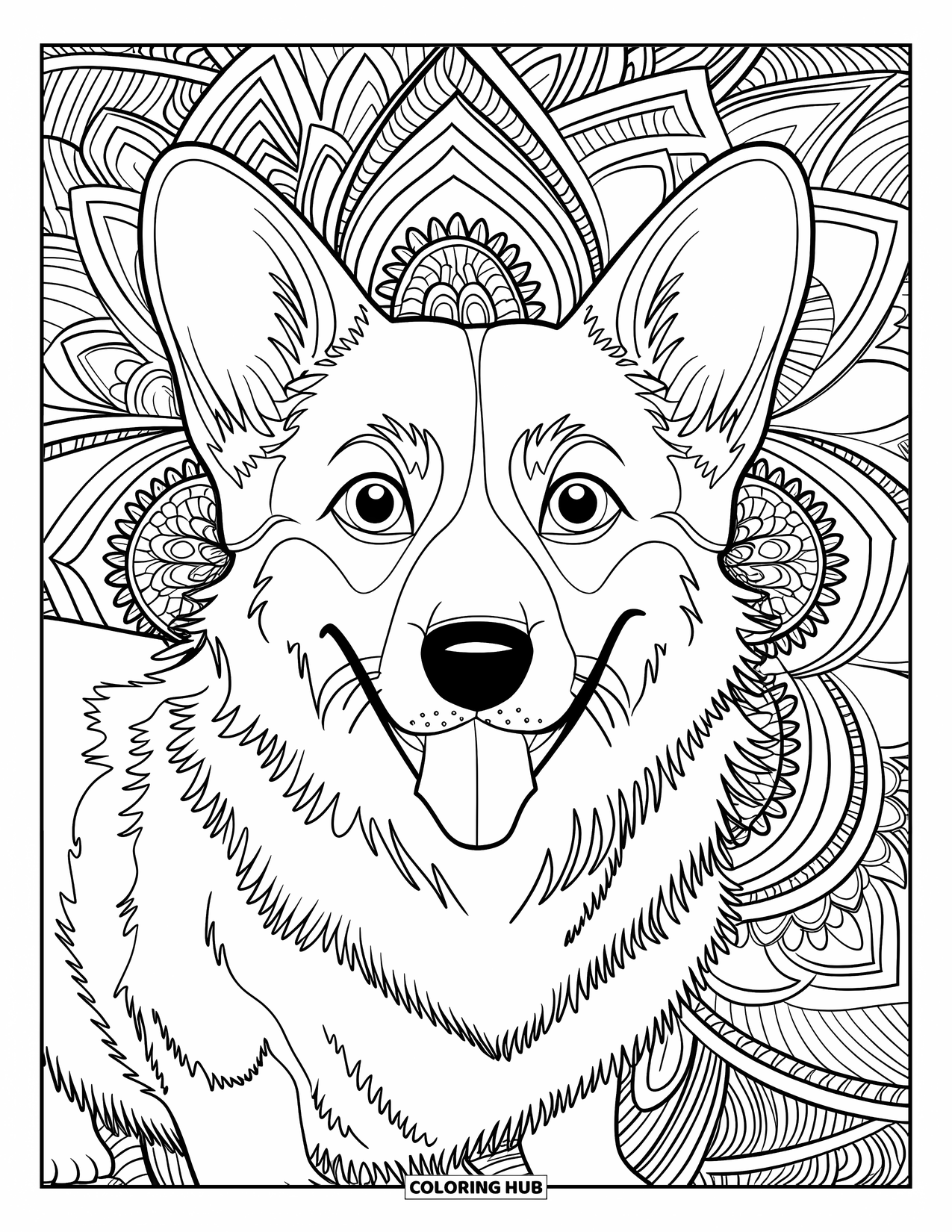 Desen de colorat cu Corgi pentru adulți: Un corgi cu o coadă care dă din coadă și o zgardă este înconjurat de modele mandala complicate