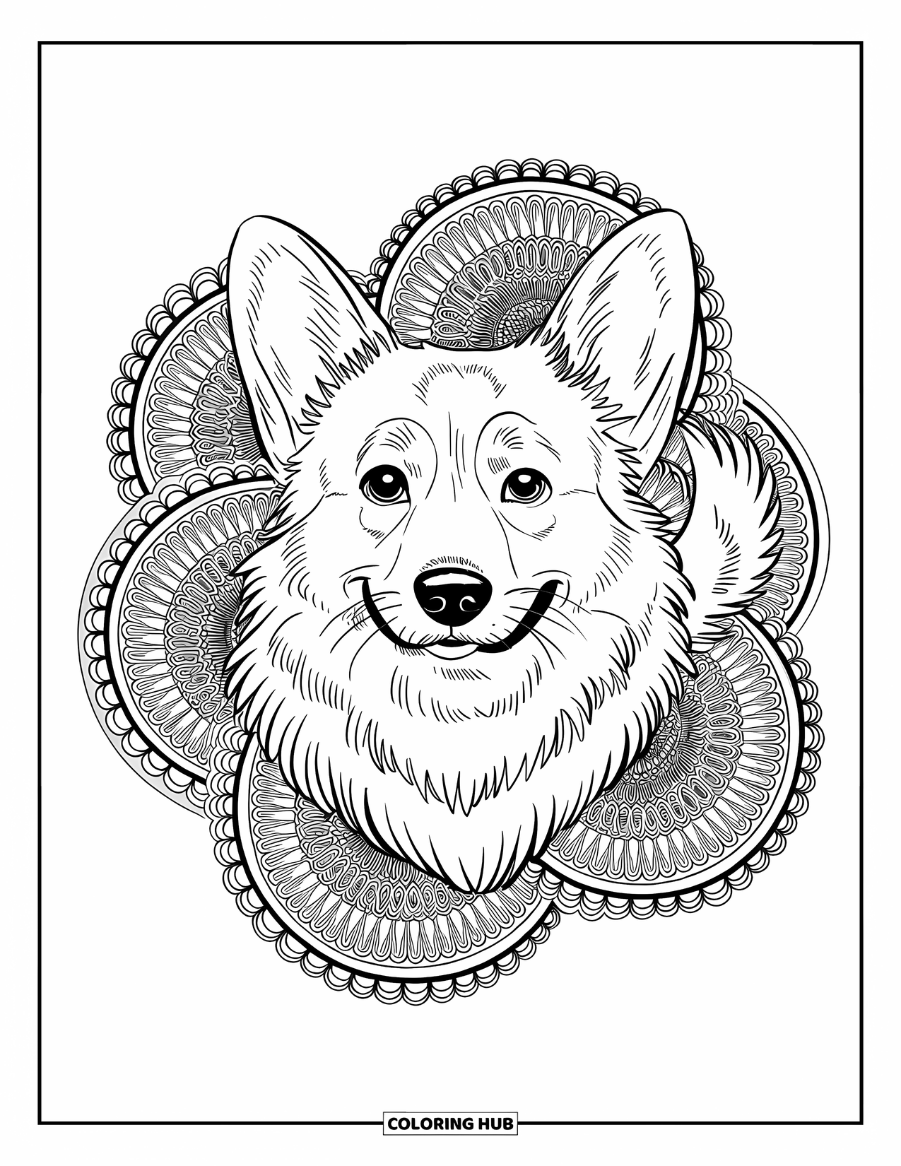 Desen de colorat cu Corgi pentru adulți: O față detaliată de corgi este înconjurată de modele mandala spiralate într-un design circular complex