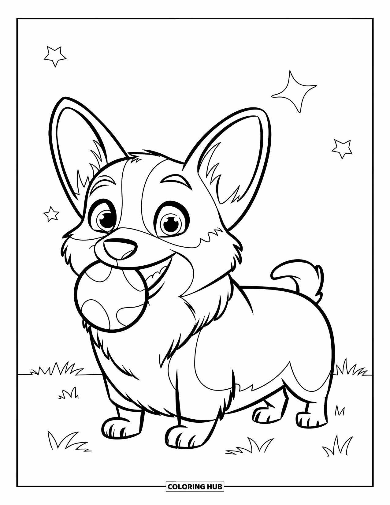 Desen de colorat cu Corgi pentru copii: Un corgi vesel se joacă cu o minge pe un câmp cu iarbă sub un cer senin