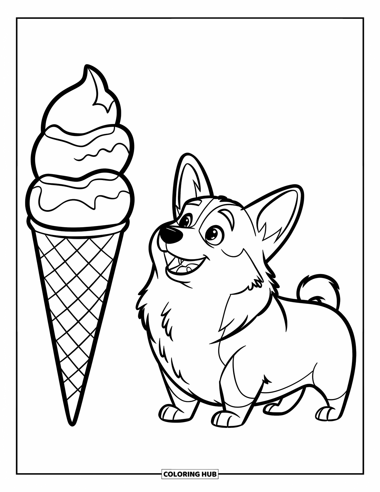 Desen de colorat cu Corgi pentru copii: Un corgi dolofan privește în sus la o înghețată impunătoare, entuziasmat pentru o gustare