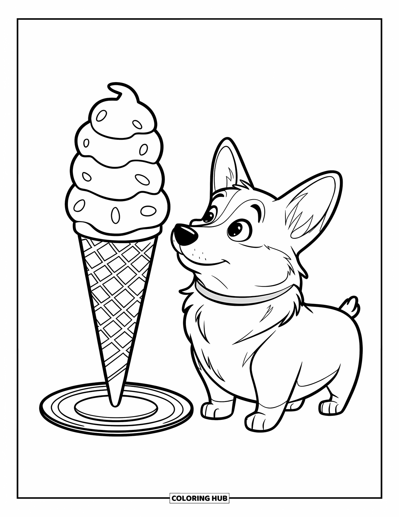 Desen de colorat cu Corgi pentru copii: Un corgi admiră o înghețată uriașă sprijinită pe o farfurie cu dungi