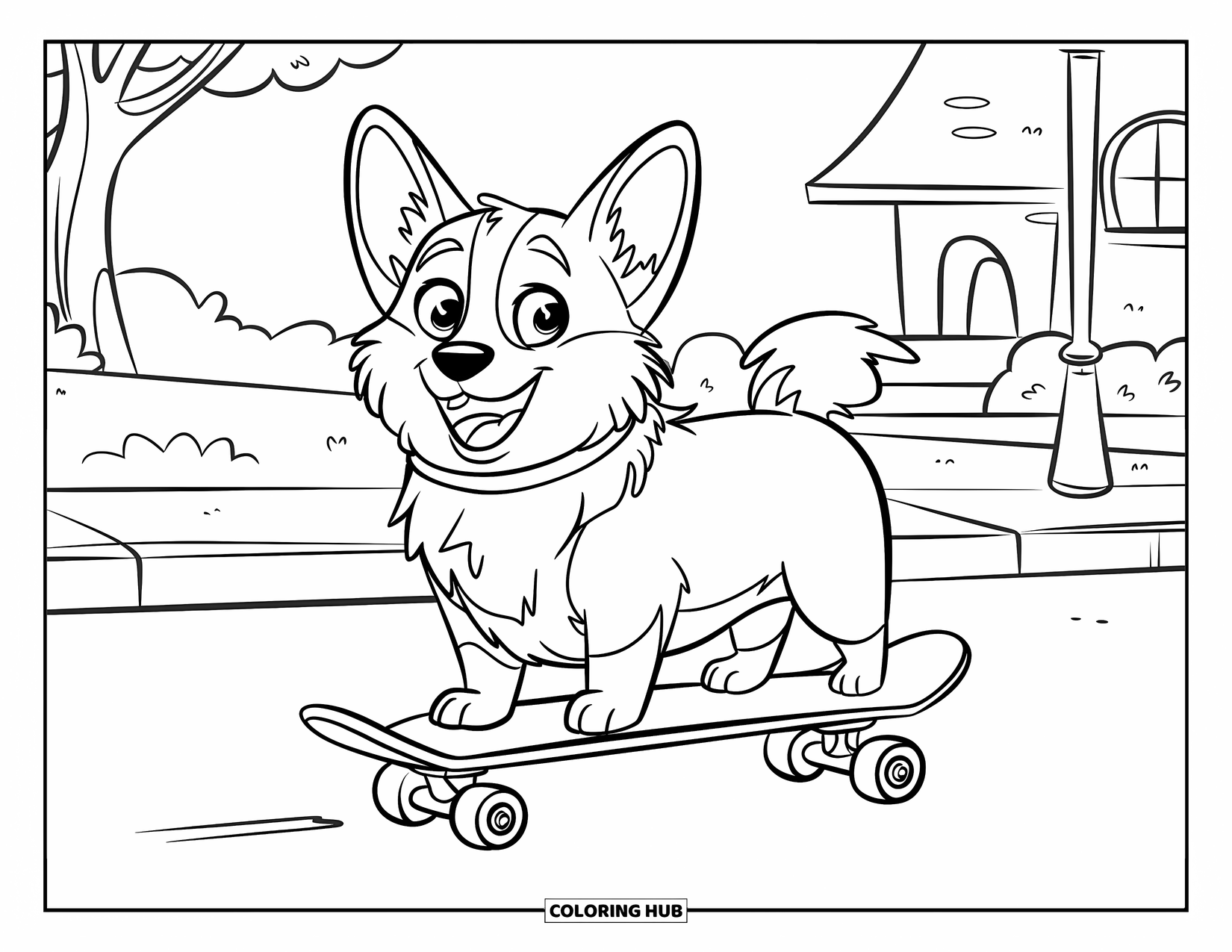 Desen de colorat cu Corgi pentru copii: Un corgi se echilibrează pe un skateboard, arătând nerăbdător în timp ce alunecă pe lângă un copac și un stâlp de iluminat