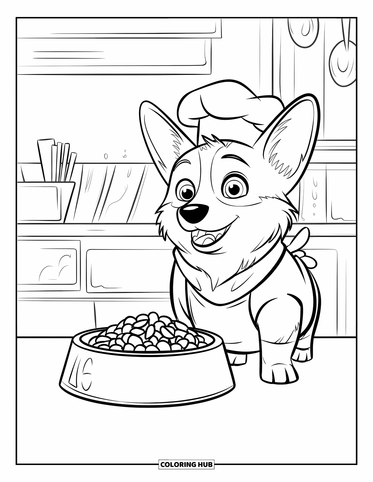 Desen de colorat cu Corgi pentru copii: Un corgi bucătar cu un șorț stă lângă un bol cu mâncare pentru câini într-o bucătărie aglomerată