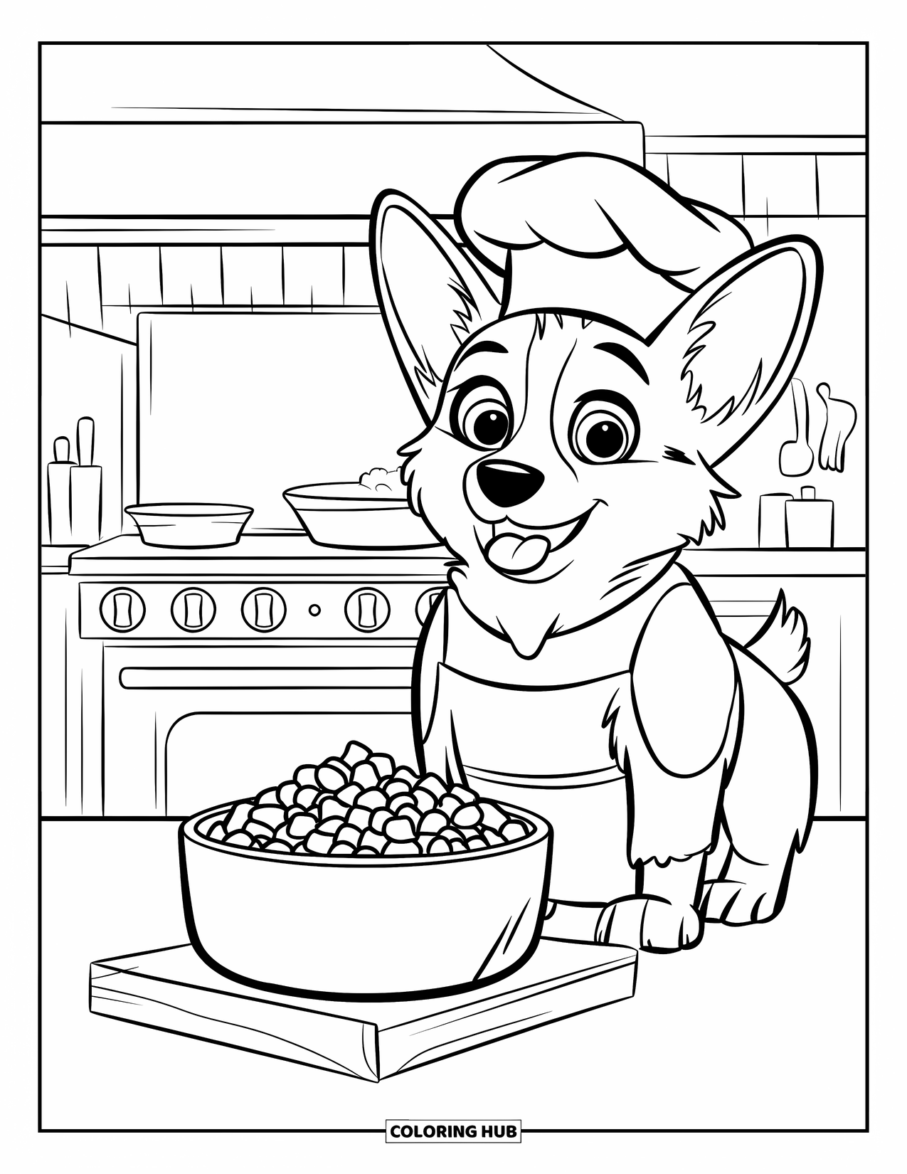 Desen de colorat cu Corgi pentru copii: Un corgi bucătar, purtând cu mândrie o pălărie, stă lângă un bol mare cu mâncare în bucătărie