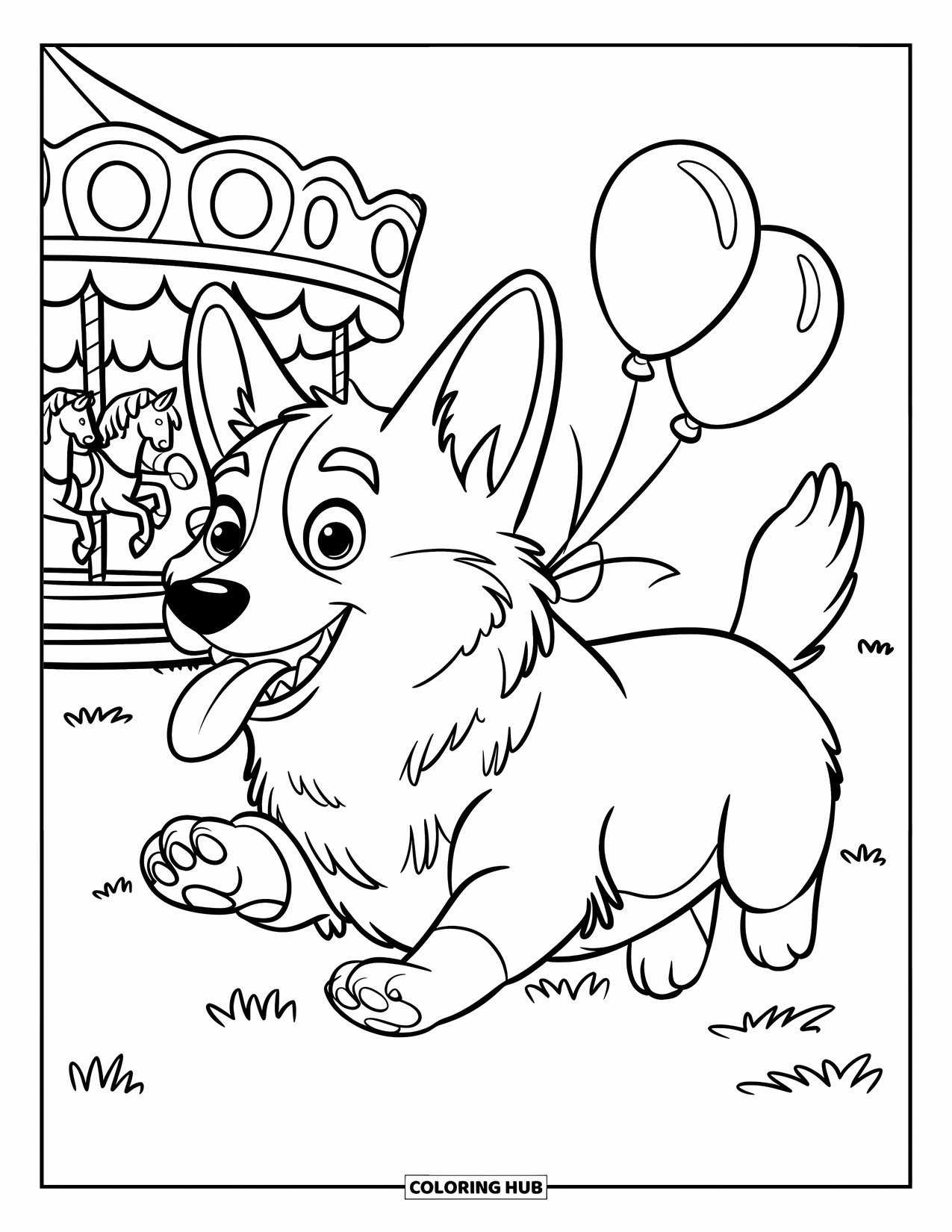 Desen de colorat cu Corgi pentru copii: Un corgi gonește peste iarbă, purtând o zgardă cu baloane legate de ea