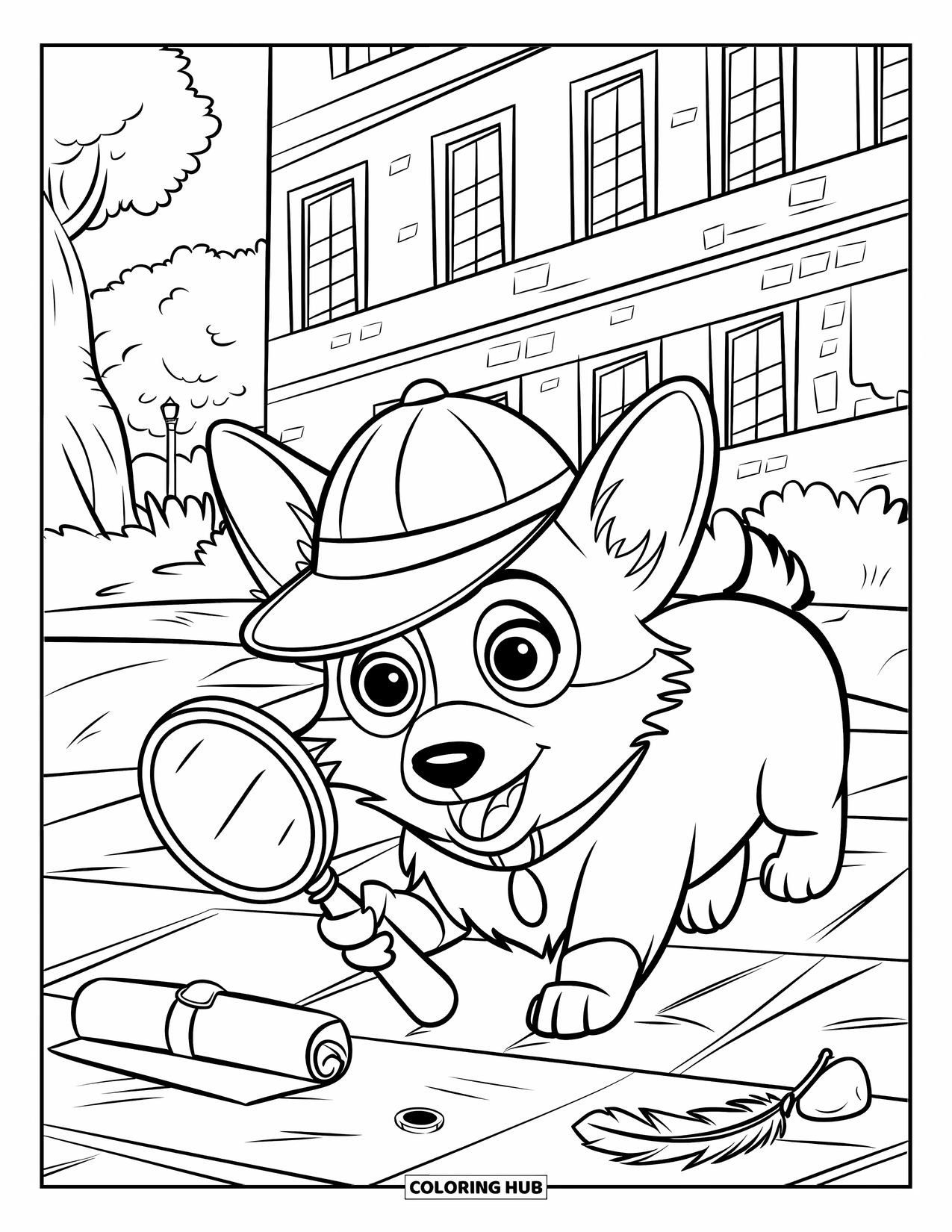 Desen de colorat cu Corgi pentru copii: Un corgi detectiv urmărește indicii pe o potecă pietruită în fața unei clădiri de cărămidă