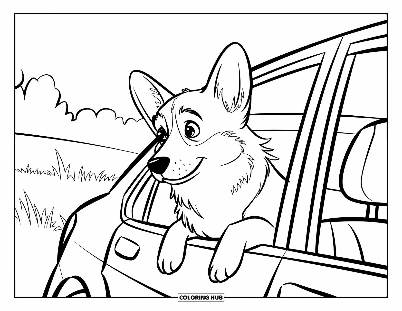 Desen de colorat cu Corgi pentru copii: Un corgi se bucură de briză, cu capul scos pe fereastra mașinii în timp ce trece pe lângă un câmp cu iarbă