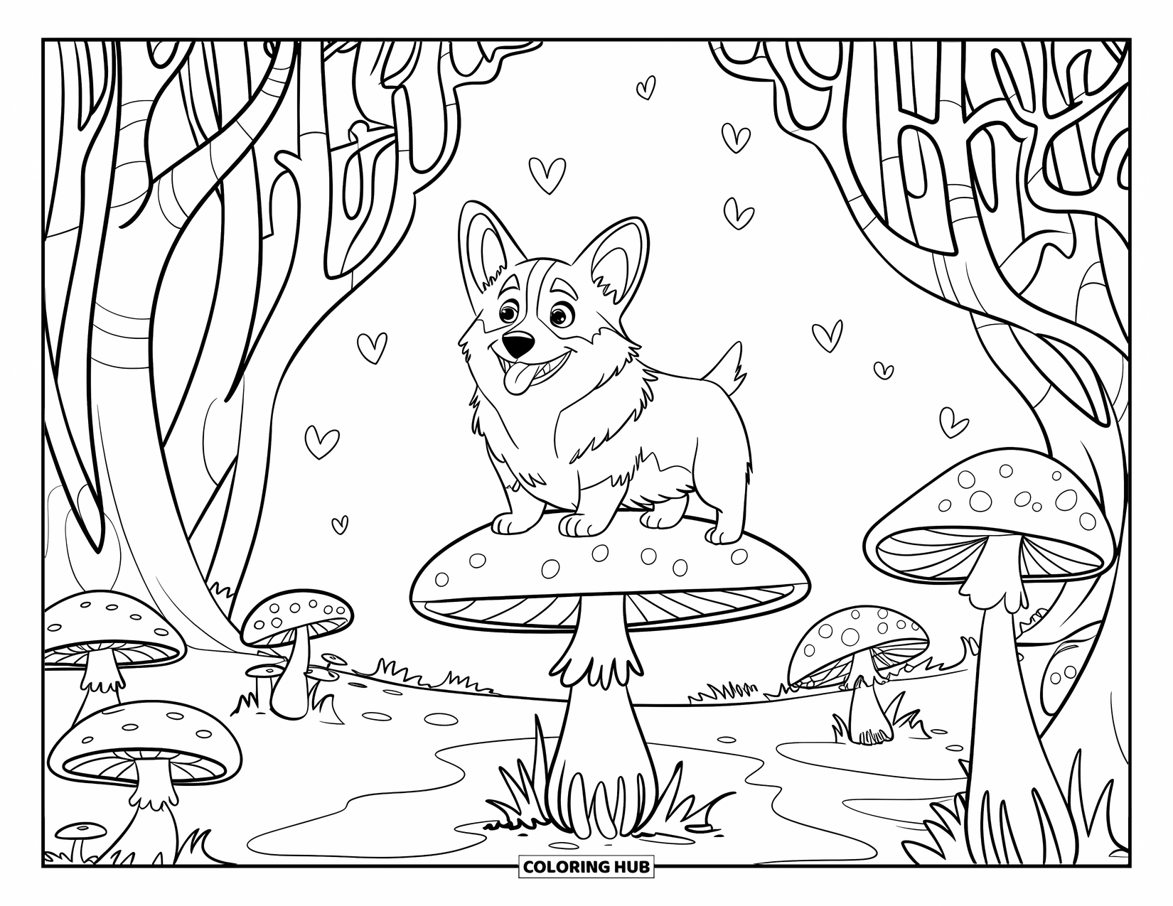 Desen de colorat cu Corgi pentru copii: Un corgi explorează o pădure fermecată, stând pe o ciupercă strălucitoare cu inimioare plutitoare